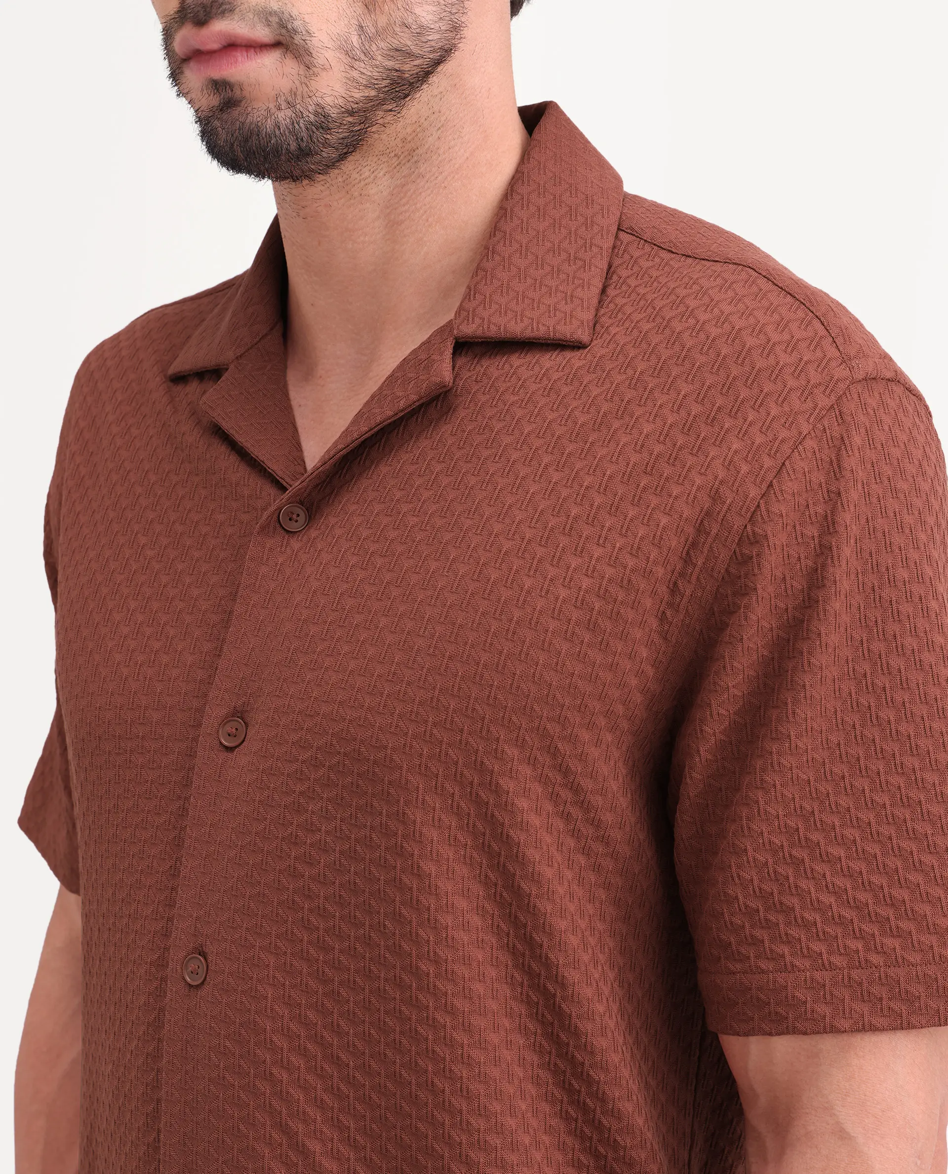 Rare Rabbit Men's Otis Light Rust Viscose Fabric Half Sleeve Cuban Collar Regular Textured Shirt - Image 3