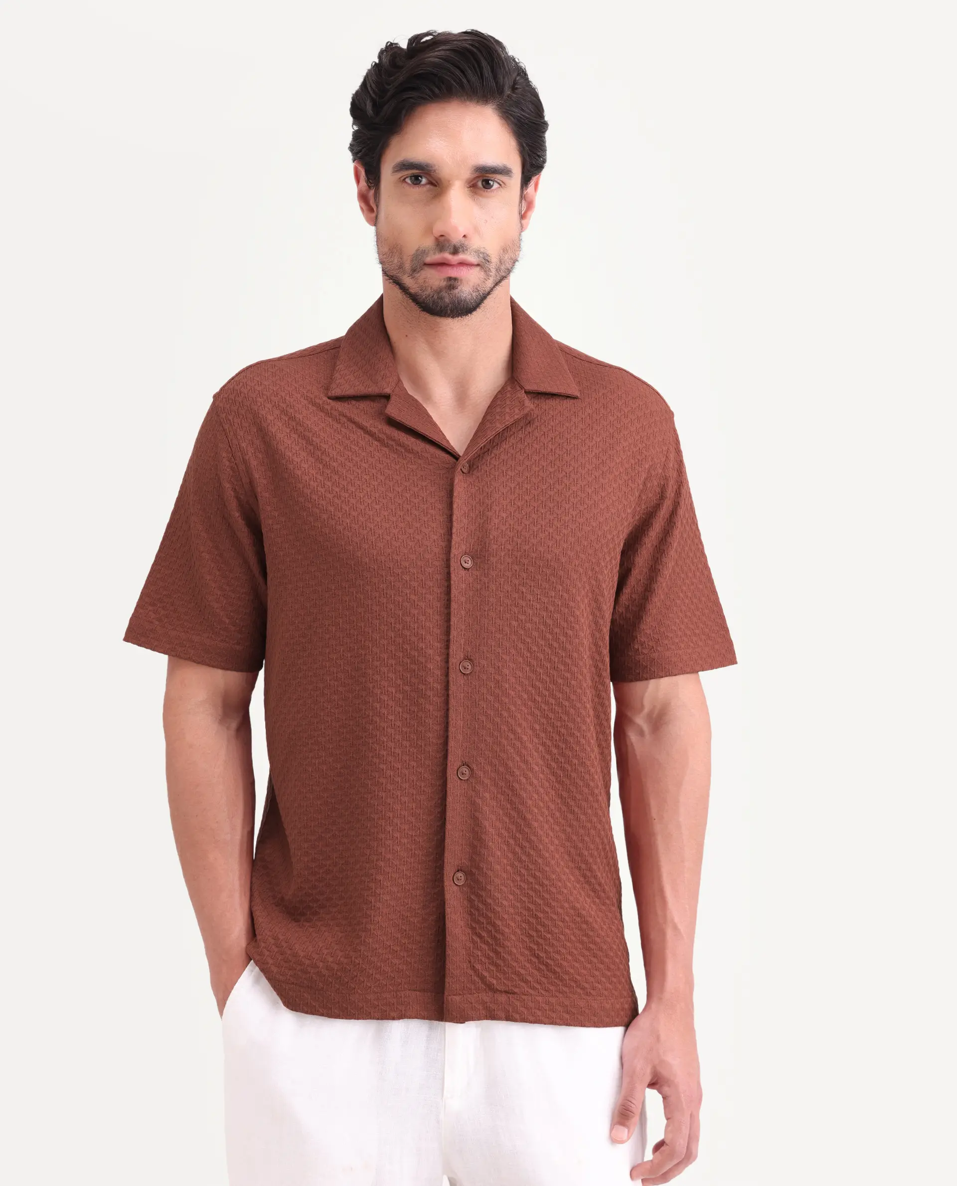Rare Rabbit Men's Otis Light Rust Viscose Fabric Half Sleeve Cuban Collar Regular Textured Shirt - Image 4
