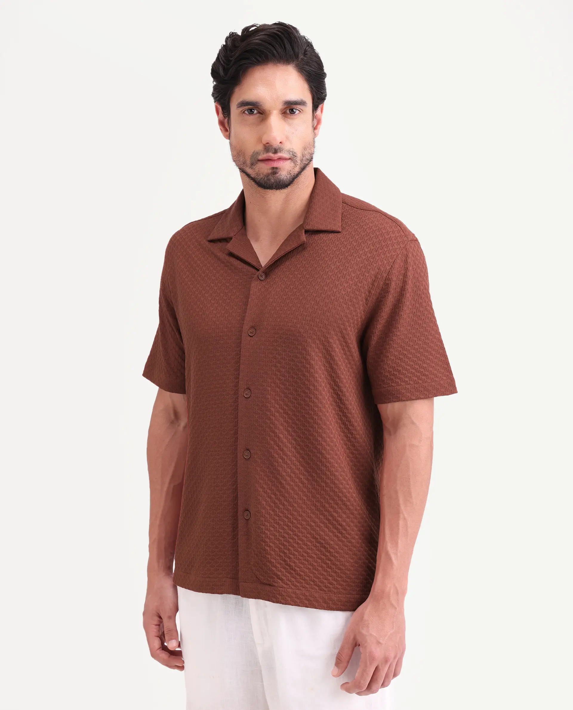Rare Rabbit Men's Otis Light Rust Viscose Fabric Half Sleeve Cuban Collar Regular Textured Shirt - Image 5