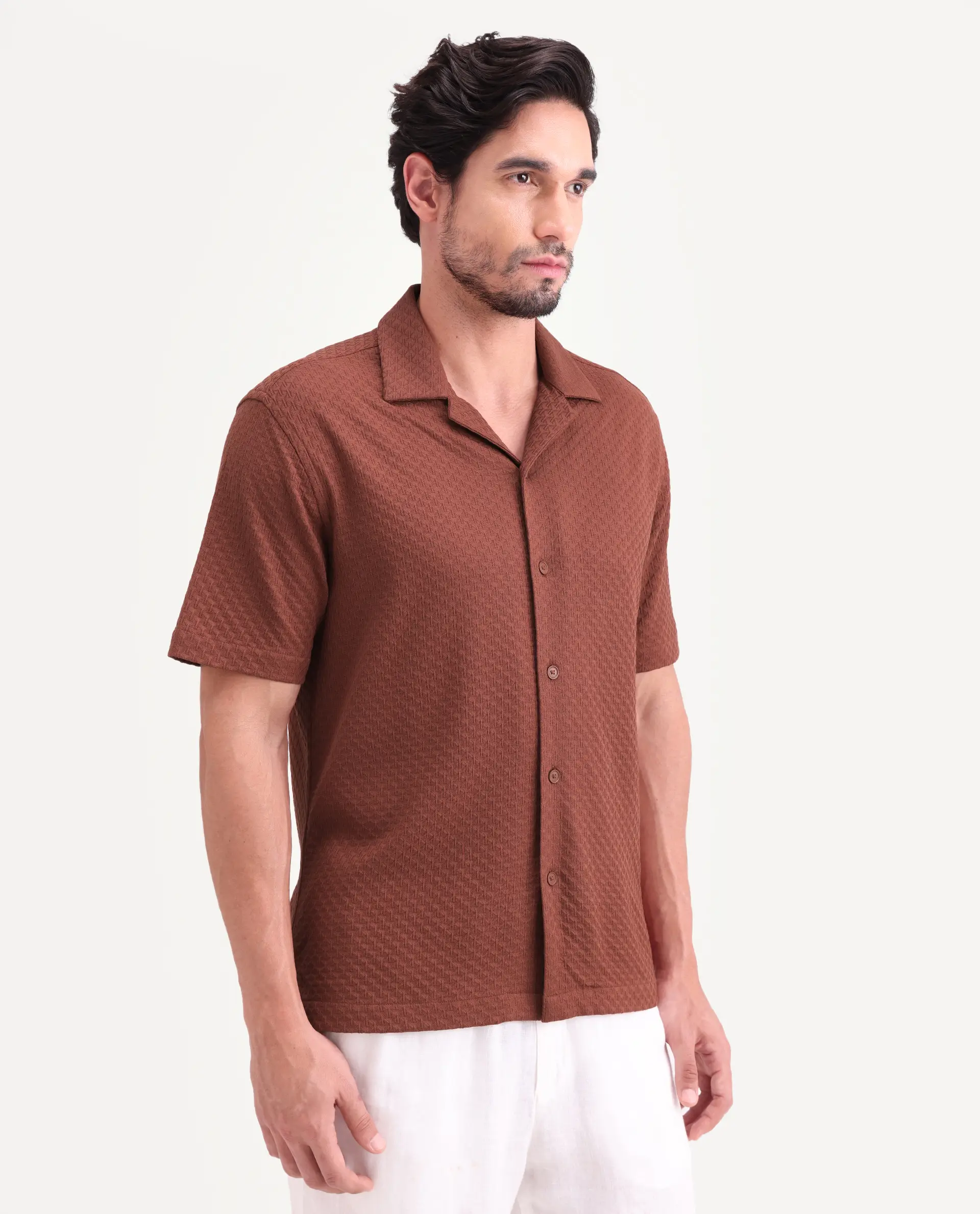 Rare Rabbit Men's Otis Light Rust Viscose Fabric Half Sleeve Cuban Collar Regular Textured Shirt - Image 6