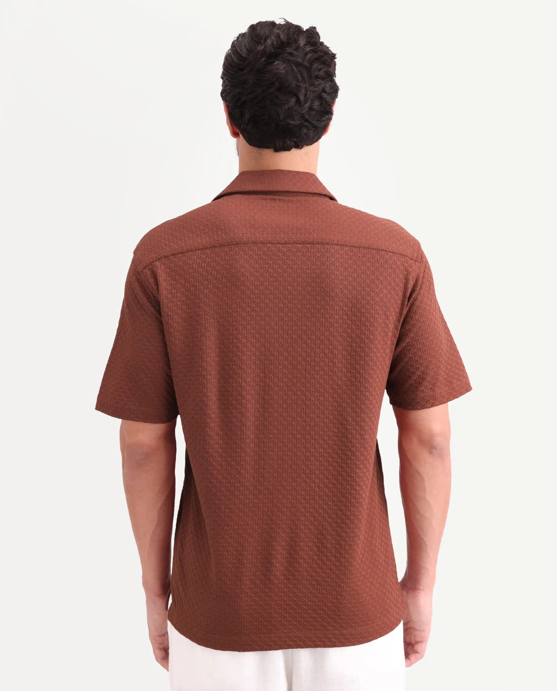 Rare Rabbit Men's Otis Light Rust Viscose Fabric Half Sleeve Cuban Collar Regular Textured Shirt - Image 7