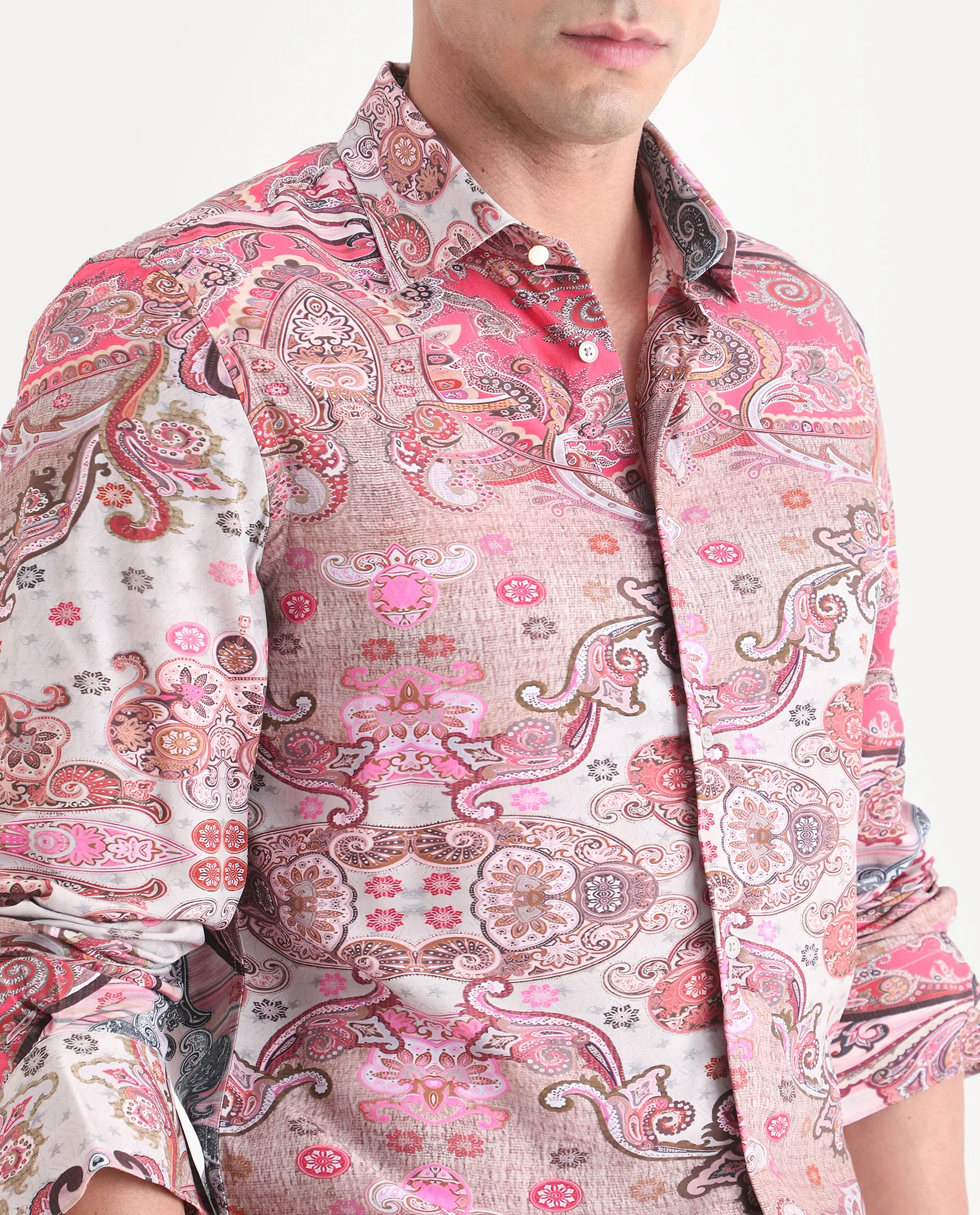 Rare Rabbit Men's Otiso Dusky Pink Viscose Fabric Full Sleeve Spread Collar Regular Fit Paisley Shirt - Image 3