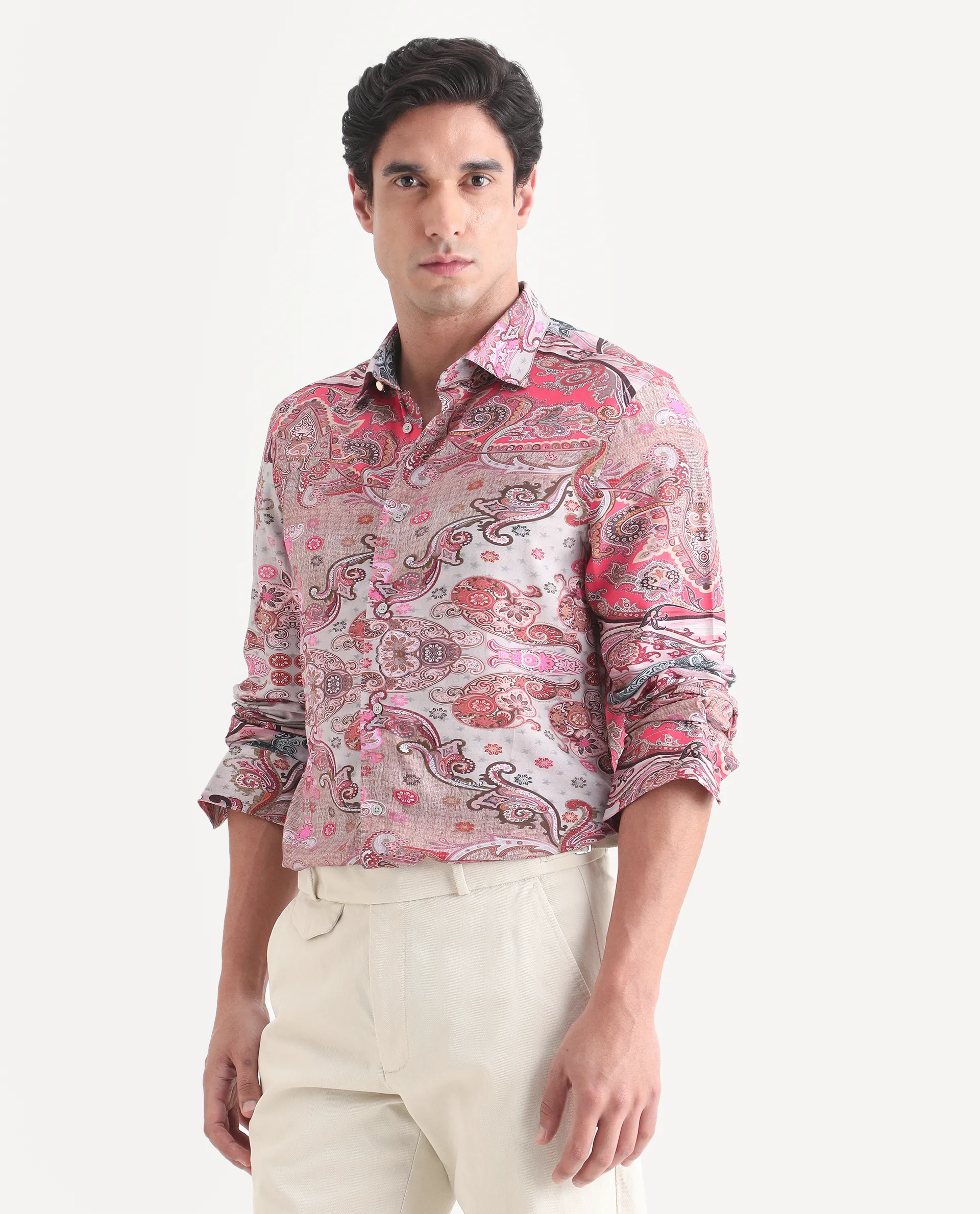 Rare Rabbit Men's Otiso Dusky Pink Viscose Fabric Full Sleeve Spread Collar Regular Fit Paisley Shirt - Image 4