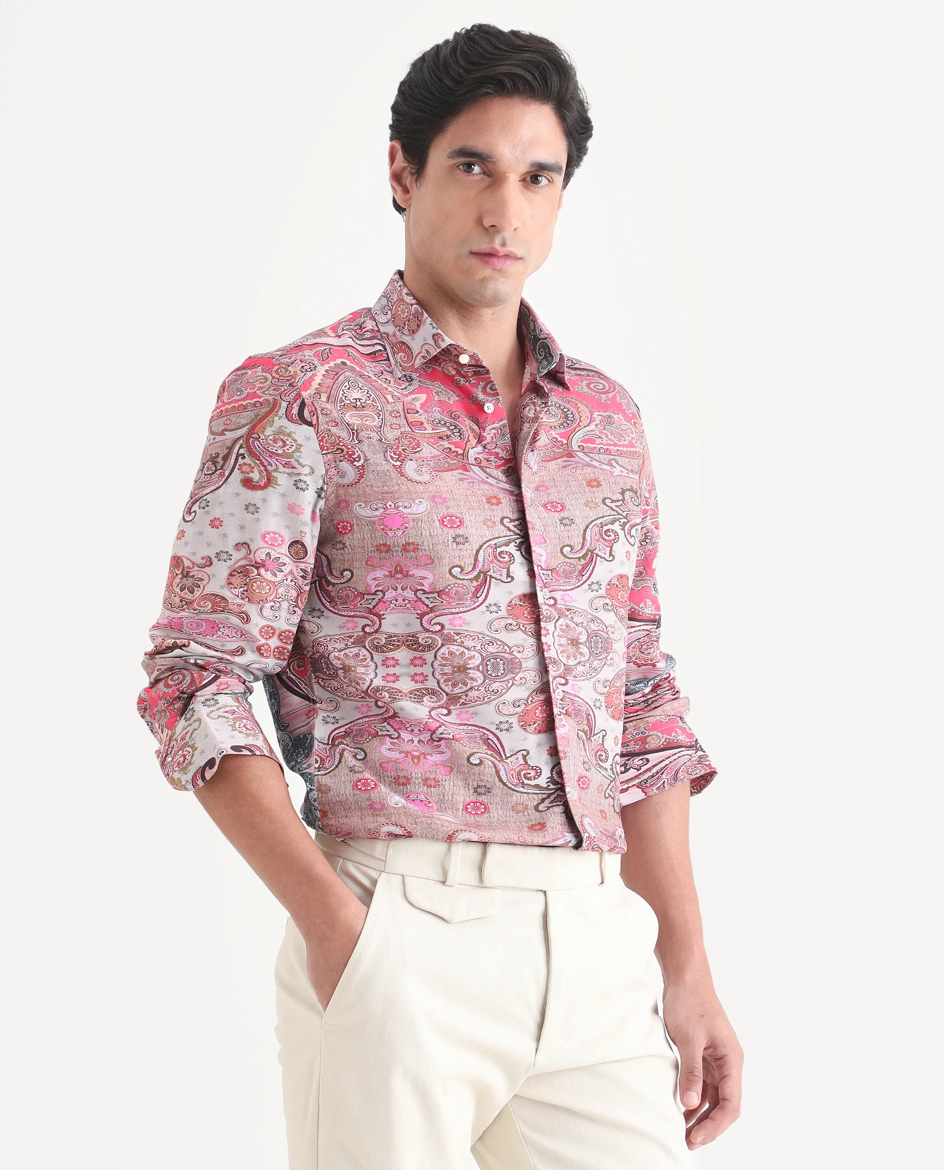 Rare Rabbit Men's Otiso Dusky Pink Viscose Fabric Full Sleeve Spread Collar Regular Fit Paisley Shirt - Image 5