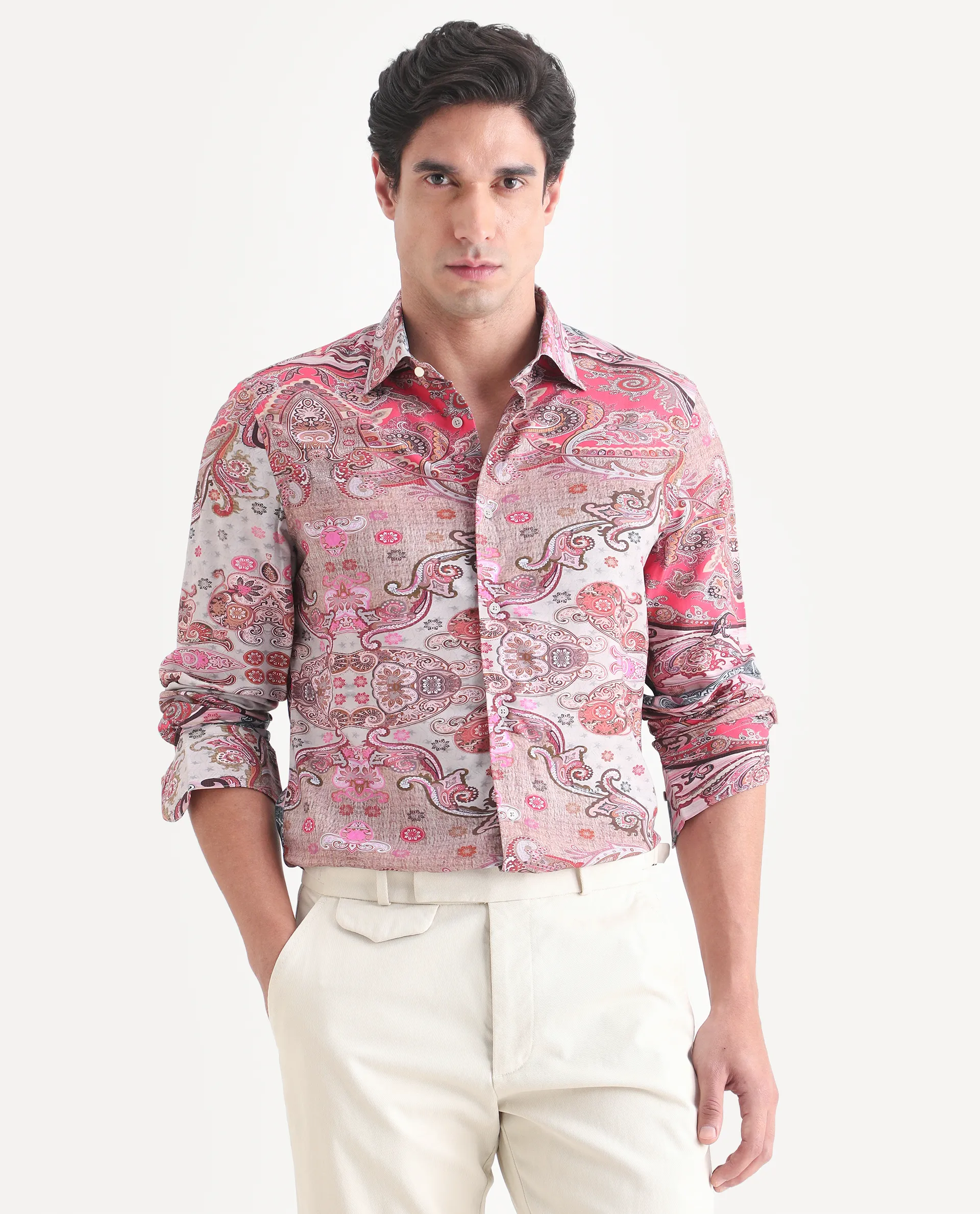 Rare Rabbit Men's Otiso Dusky Pink Viscose Fabric Full Sleeve Spread Collar Regular Fit Paisley Shirt - Image 6