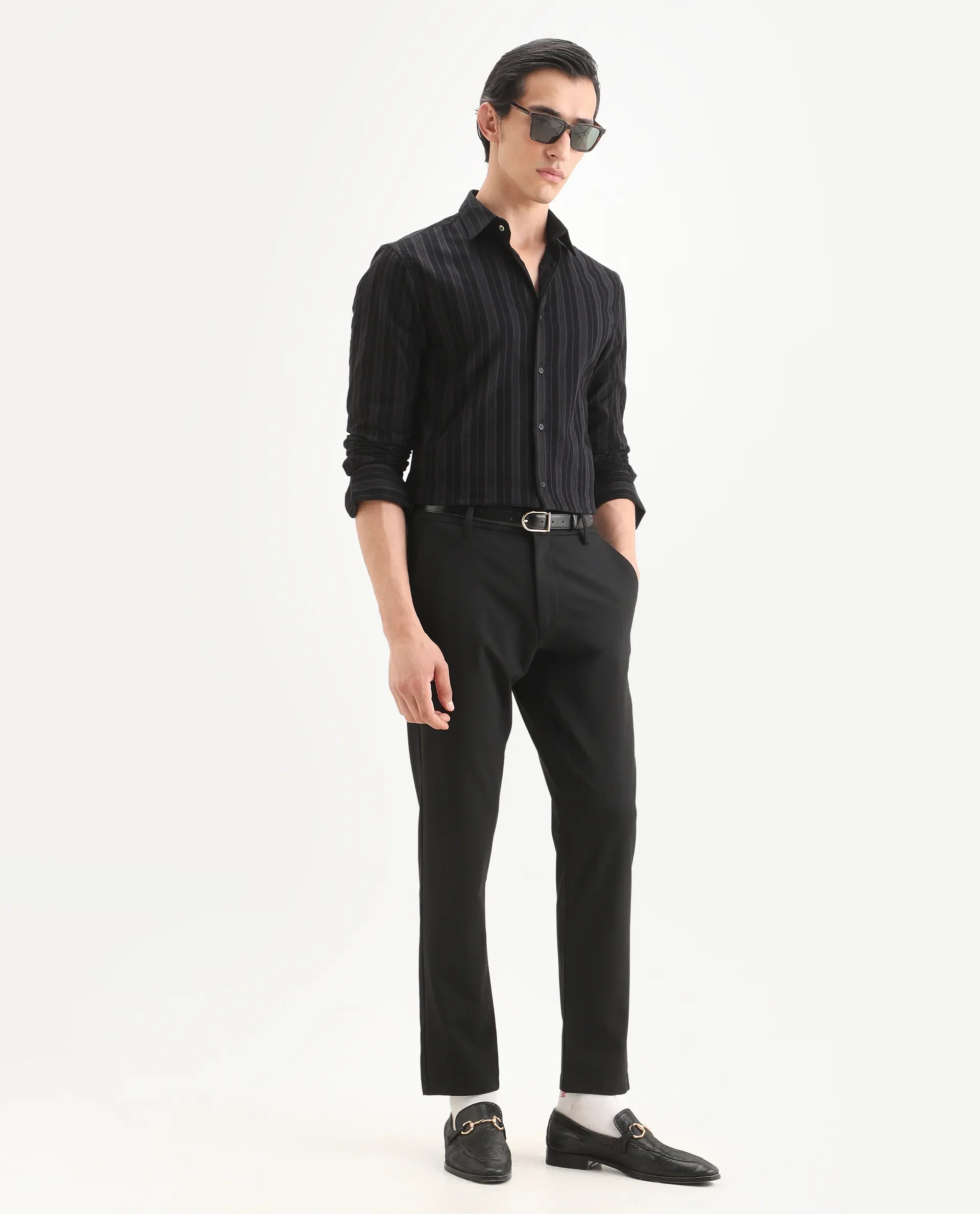 Rare Rabbit Men's Otta Black Cotton Fabric Full Sleeve Spread Collar Regular Fit Striped Shirt - Image 2