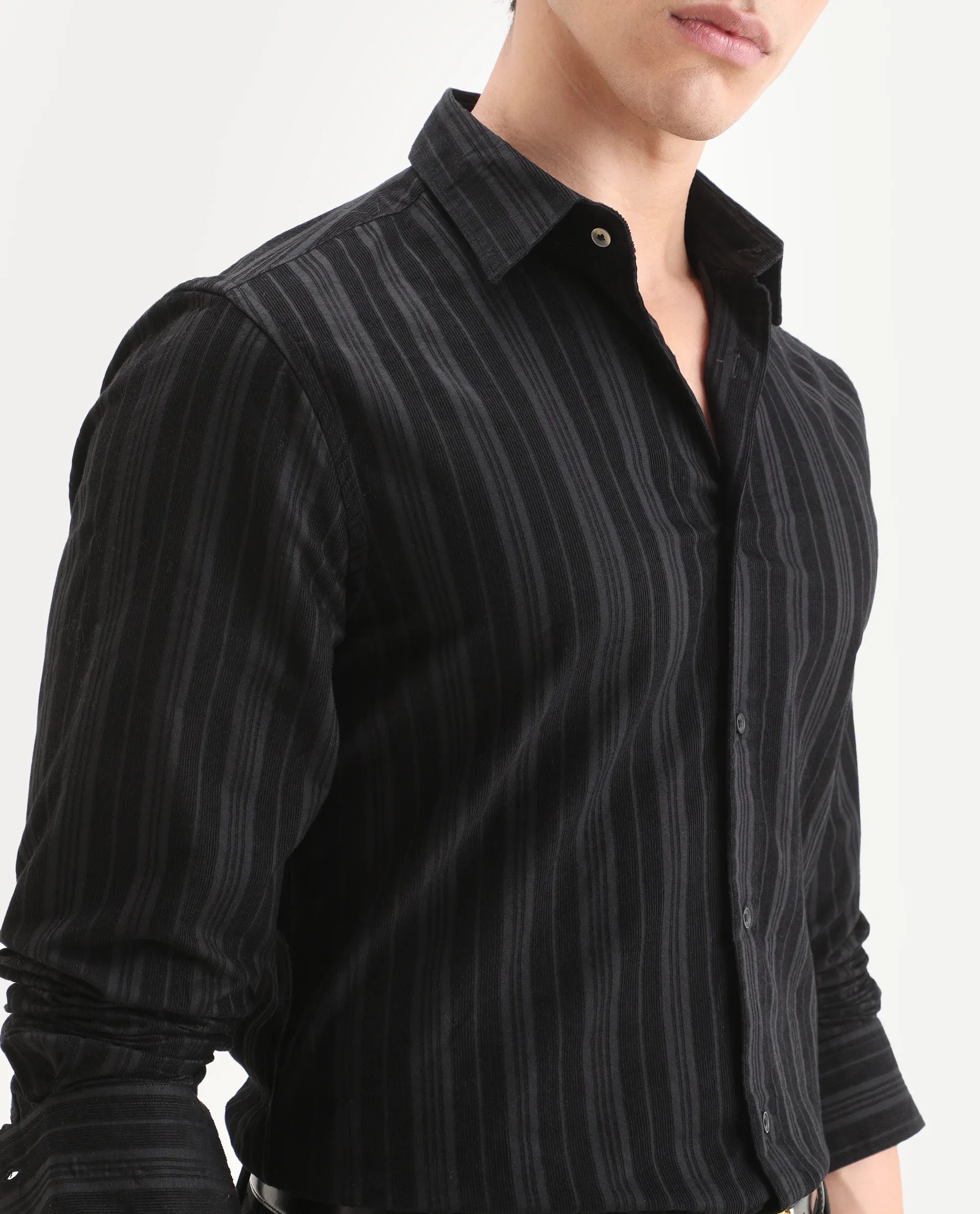 Rare Rabbit Men's Otta Black Cotton Fabric Full Sleeve Spread Collar Regular Fit Striped Shirt - Image 3