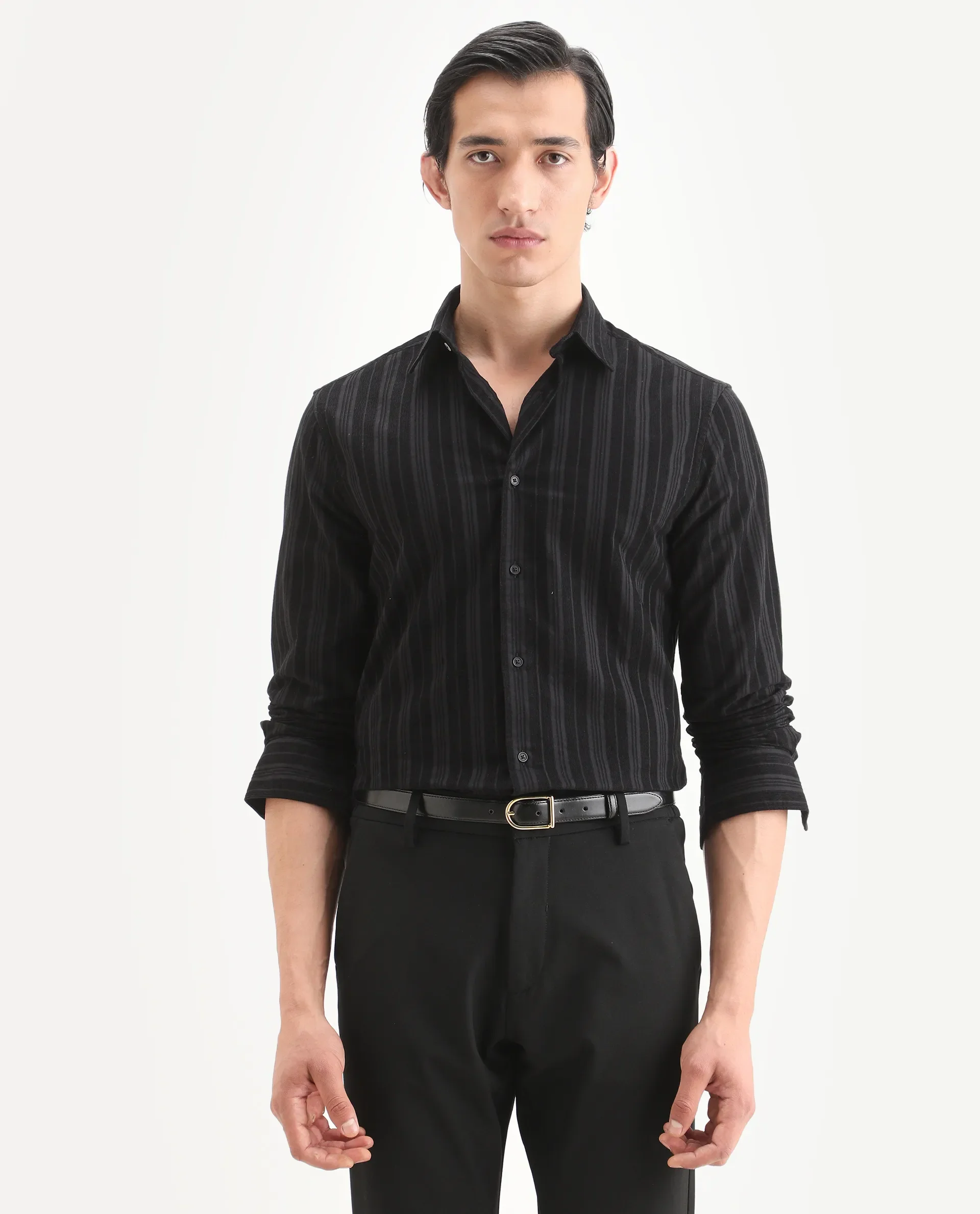 Rare Rabbit Men's Otta Black Cotton Fabric Full Sleeve Spread Collar Regular Fit Striped Shirt - Image 4