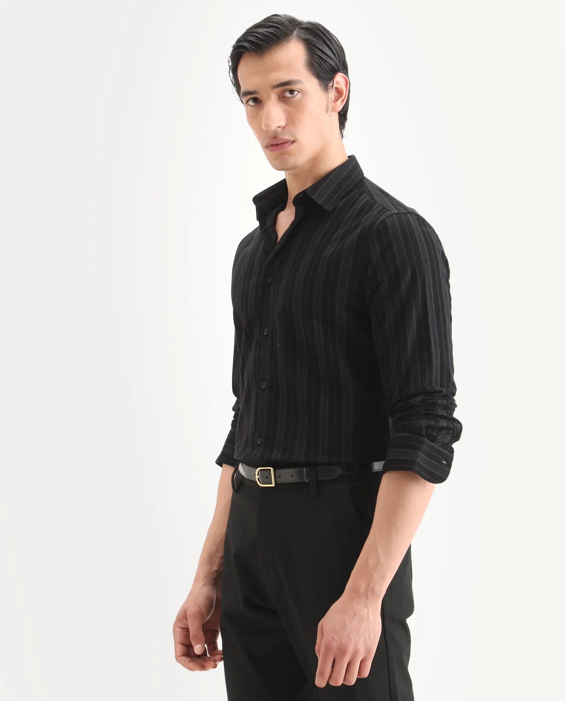 Rare Rabbit Men's Otta Black Cotton Fabric Full Sleeve Spread Collar Regular Fit Striped Shirt - Image 5