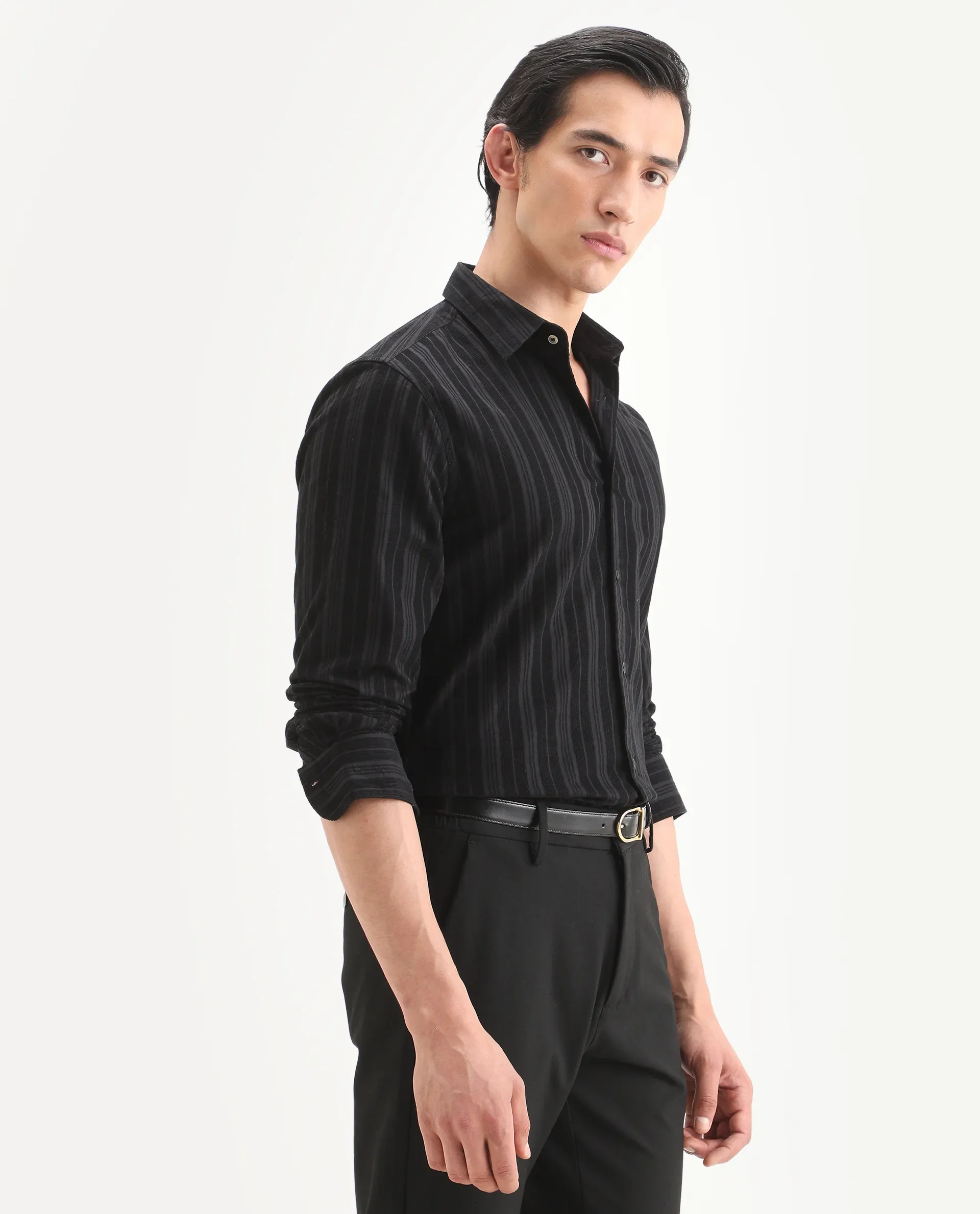 Rare Rabbit Men's Otta Black Cotton Fabric Full Sleeve Spread Collar Regular Fit Striped Shirt - Image 7