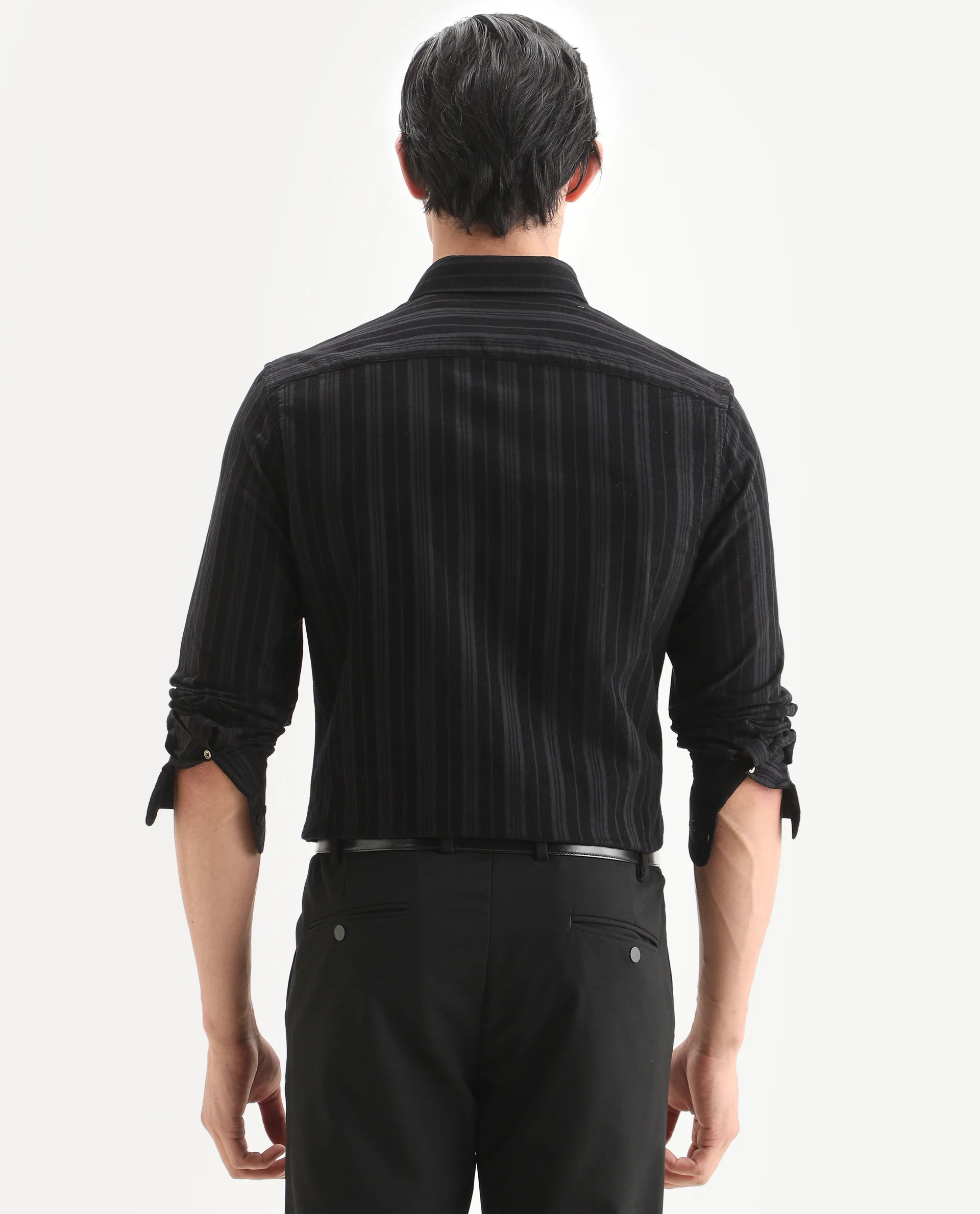 Rare Rabbit Men's Otta Black Cotton Fabric Full Sleeve Spread Collar Regular Fit Striped Shirt - Image 8