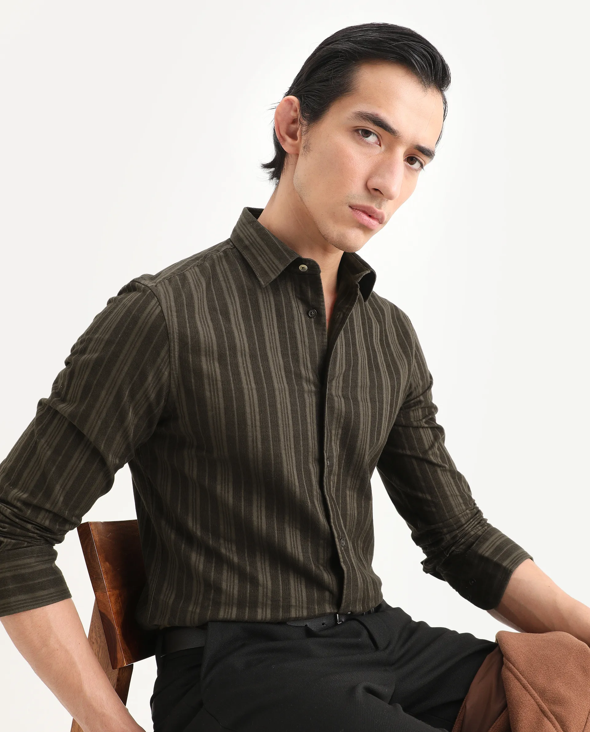 Rare Rabbit Men's Otta Dark Brown Cotton Fabric Full Sleeve Spread Collar Regular Fit Striped Shirt