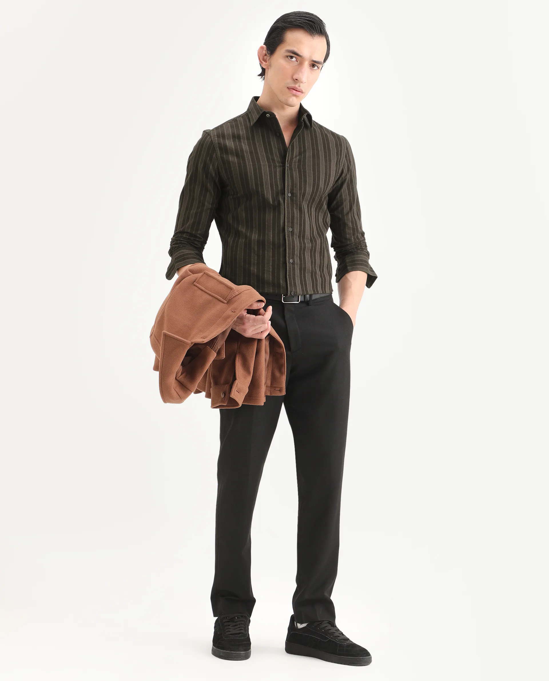 Rare Rabbit Men's Otta Dark Brown Cotton Fabric Full Sleeve Spread Collar Regular Fit Striped Shirt - Image 2