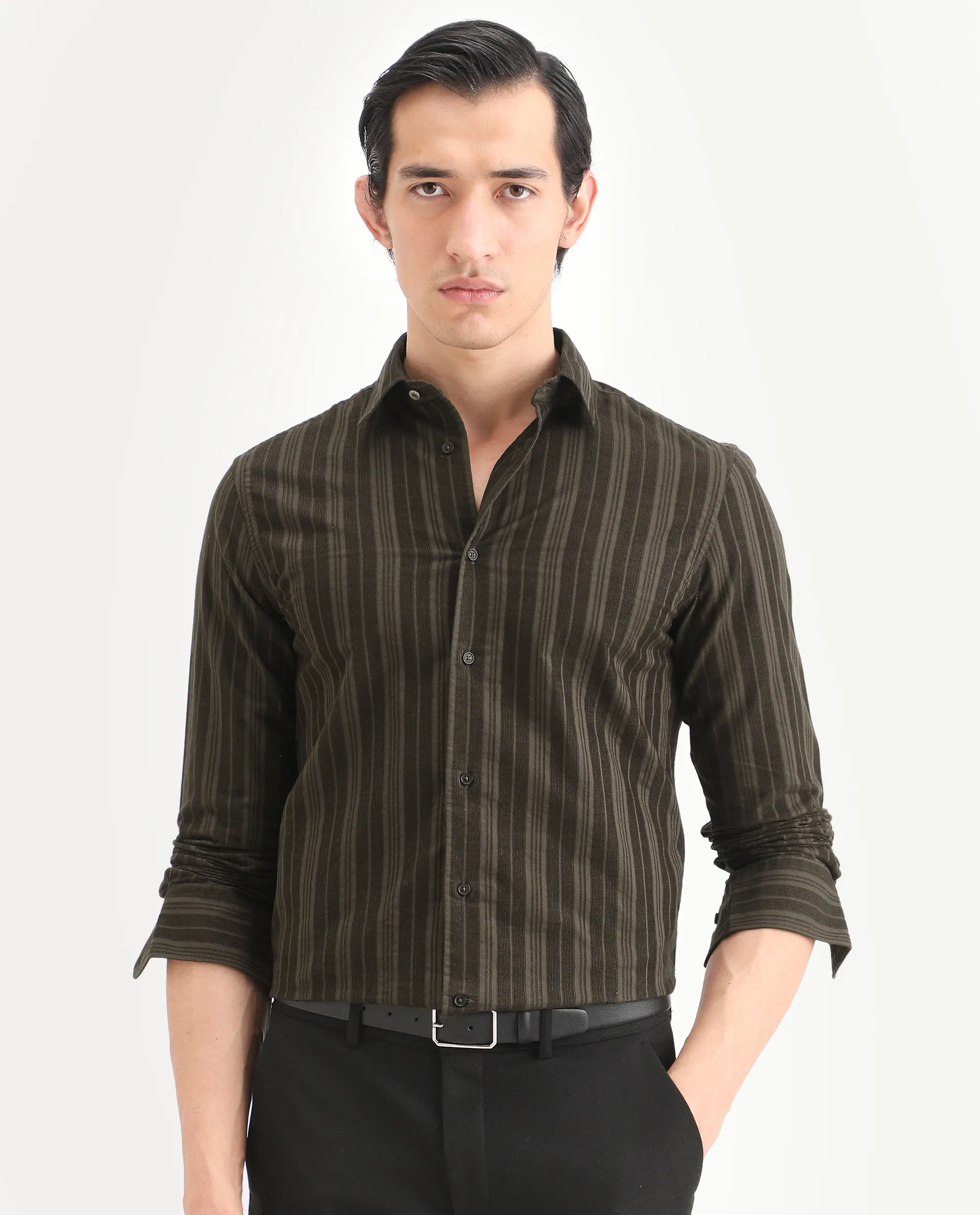 Rare Rabbit Men's Otta Dark Brown Cotton Fabric Full Sleeve Spread Collar Regular Fit Striped Shirt - Image 4