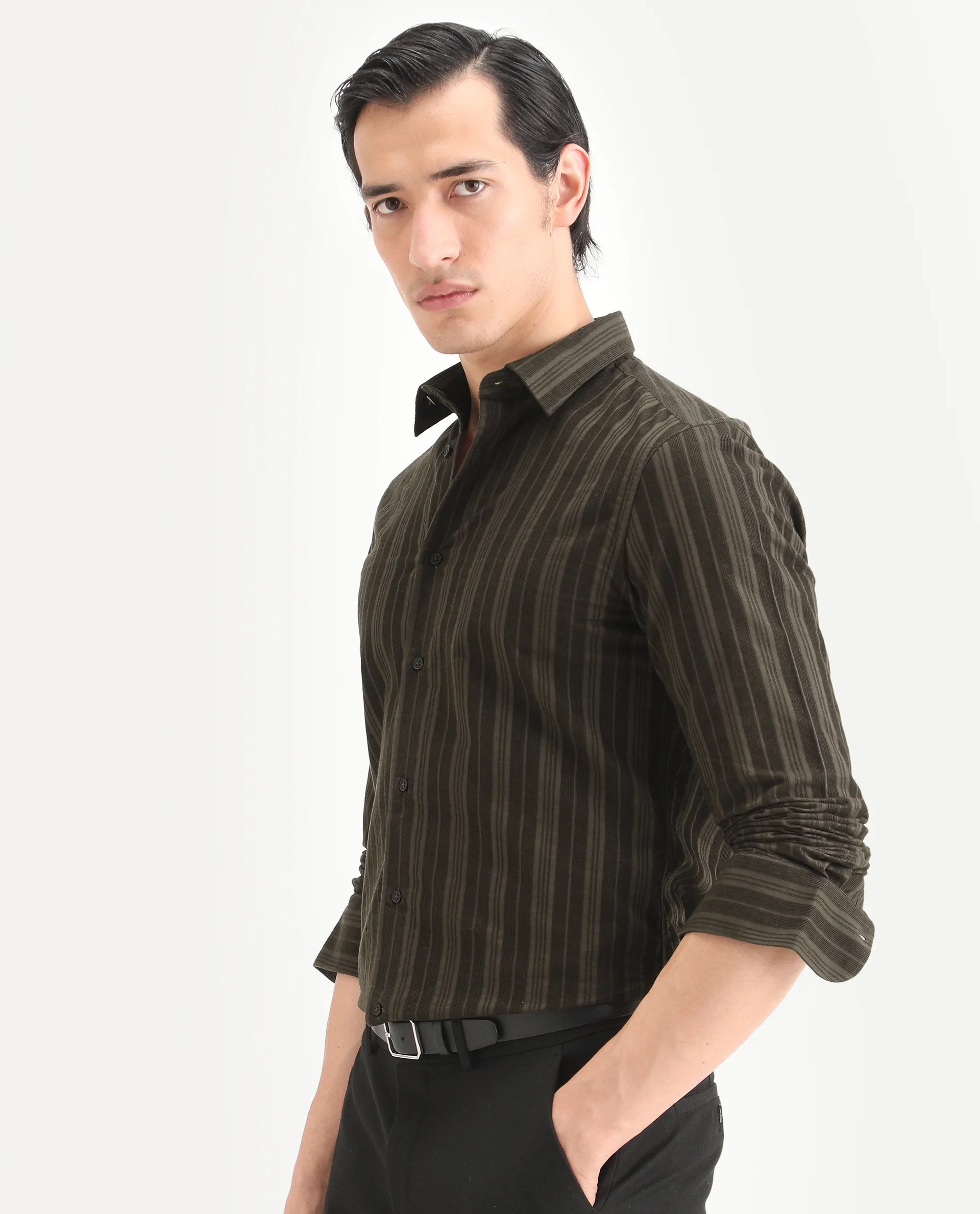 Rare Rabbit Men's Otta Dark Brown Cotton Fabric Full Sleeve Spread Collar Regular Fit Striped Shirt - Image 5