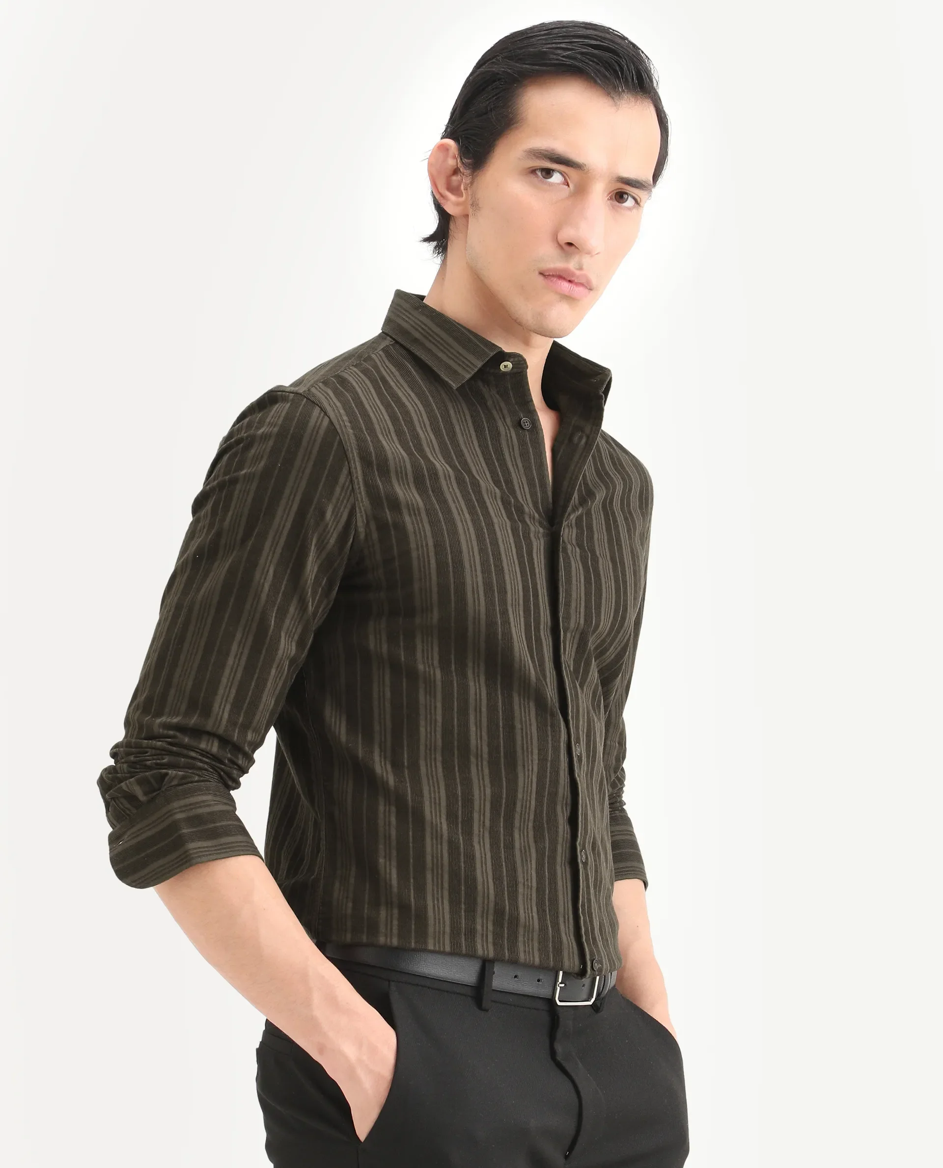 Rare Rabbit Men's Otta Dark Brown Cotton Fabric Full Sleeve Spread Collar Regular Fit Striped Shirt - Image 6