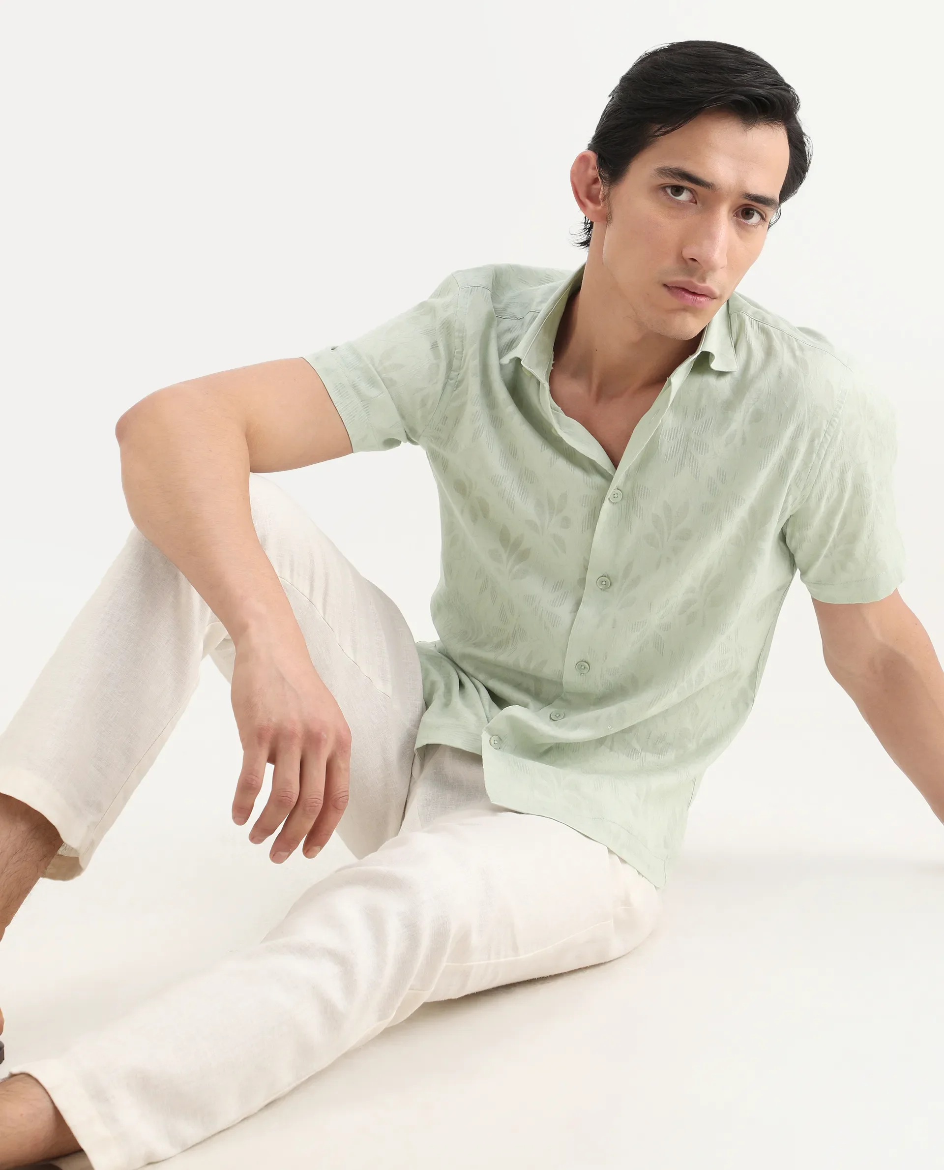 Rare Rabbit Men's Ottas Dusky Green Cotton Fabric Half Sleeve Spread Collar Regular Fit Shirt