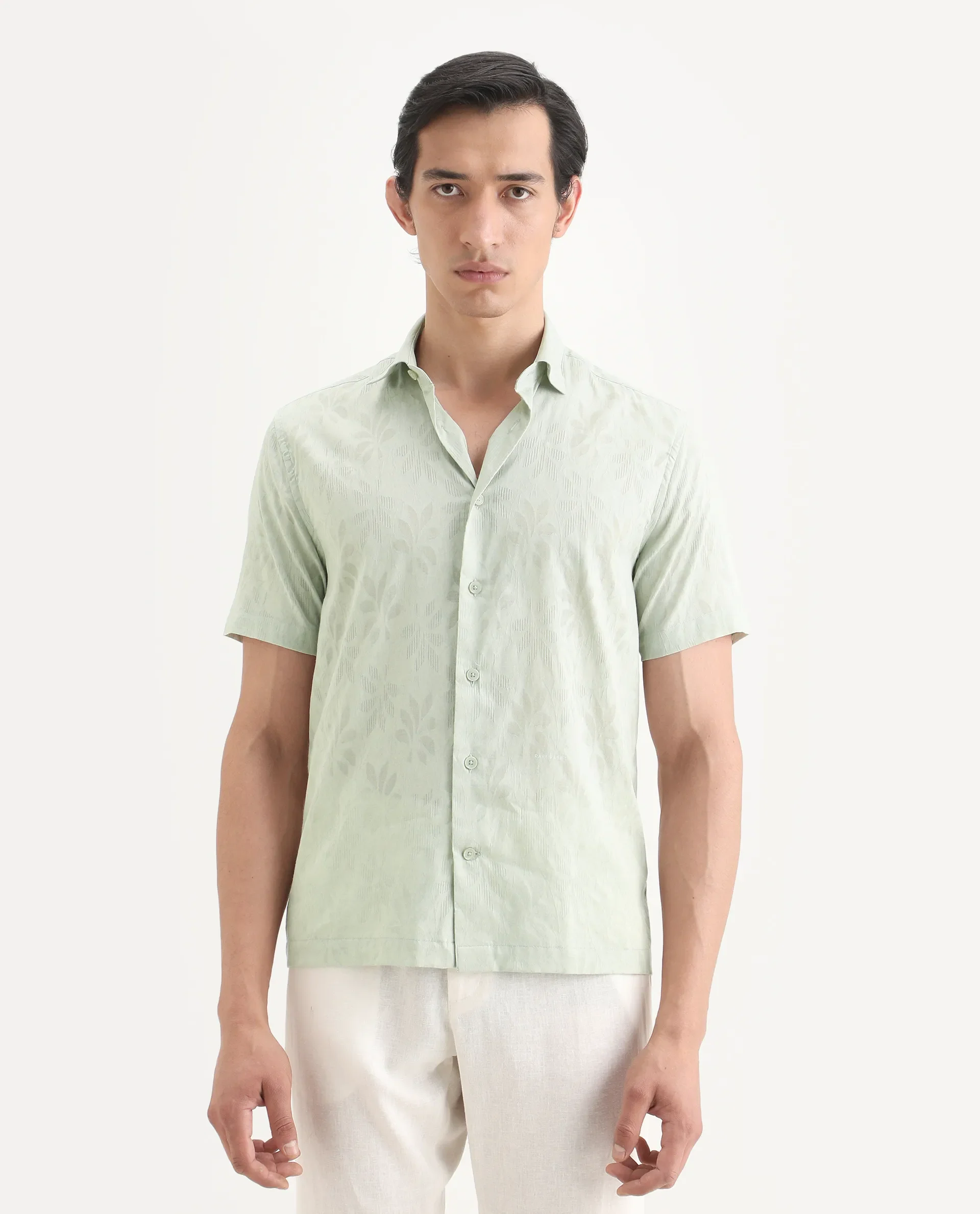 Rare Rabbit Men's Ottas Dusky Green Cotton Fabric Half Sleeve Spread Collar Regular Fit Shirt - Image 3