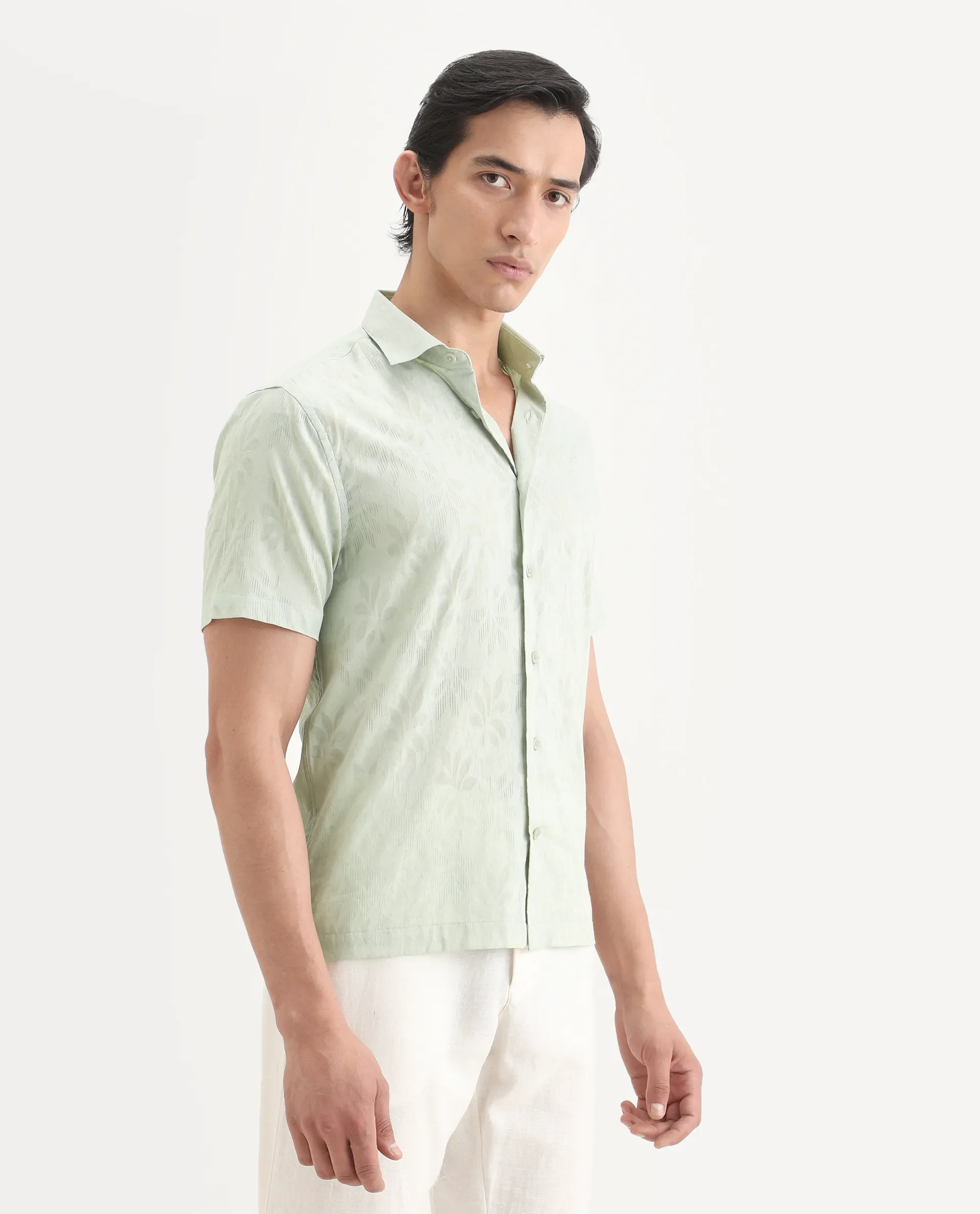 Rare Rabbit Men's Ottas Dusky Green Cotton Fabric Half Sleeve Spread Collar Regular Fit Shirt - Image 5