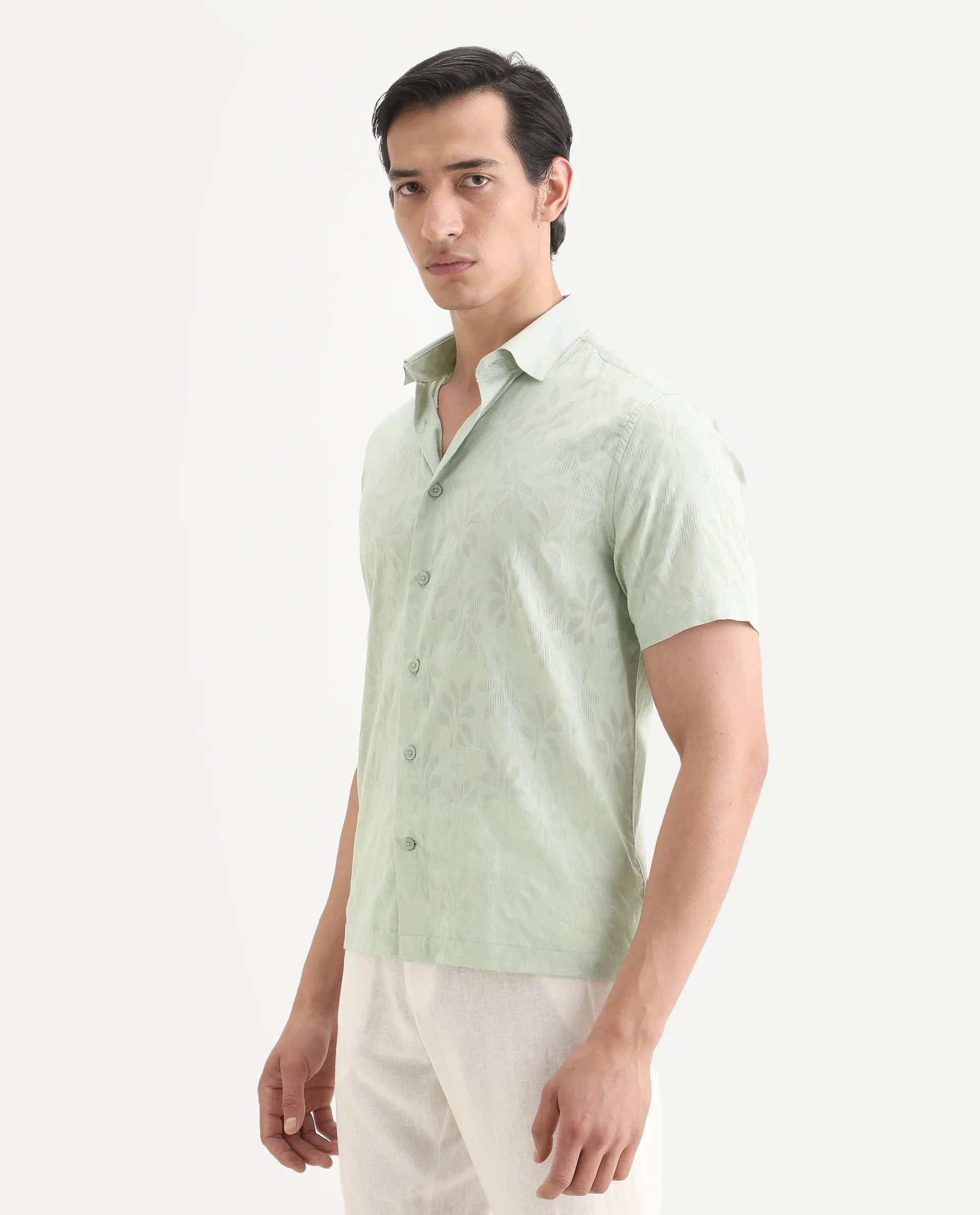 Rare Rabbit Men's Ottas Dusky Green Cotton Fabric Half Sleeve Spread Collar Regular Fit Shirt - Image 6