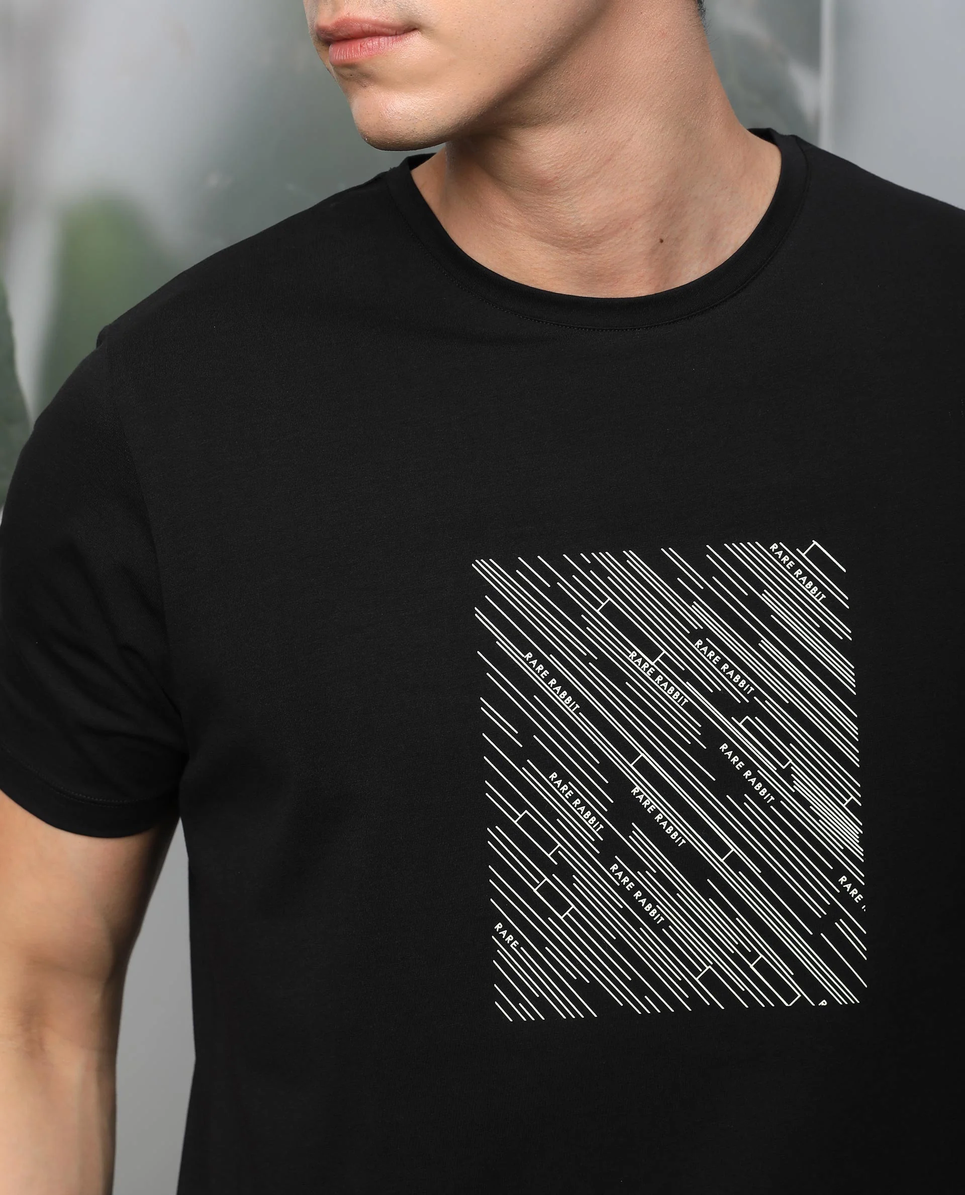 Rare Rabbit Men's Otter Black Cotton Graphic Print Slim Fit Half Sleeve Crew Neck T-Shirt