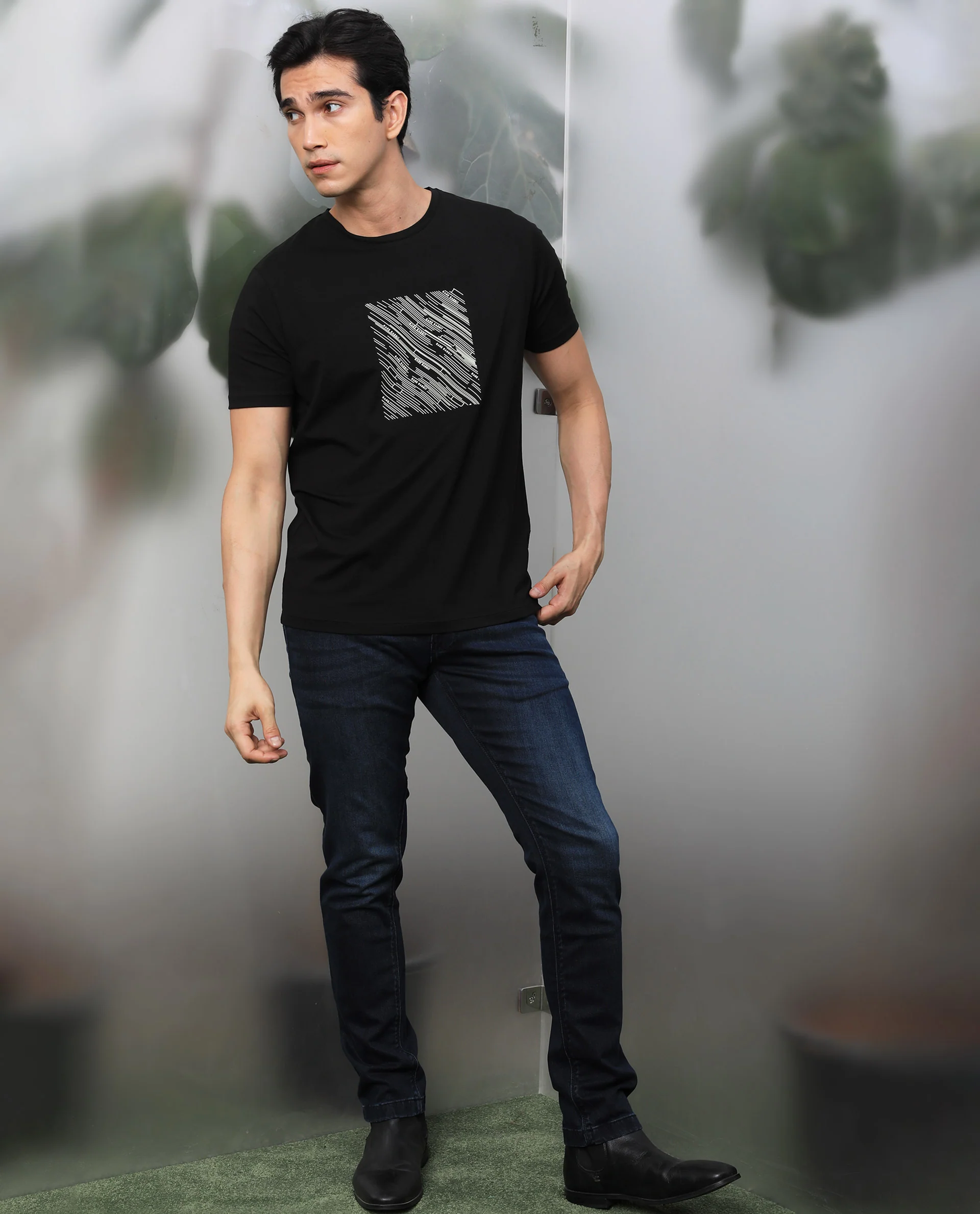Rare Rabbit Men's Otter Black Cotton Graphic Print Slim Fit Half Sleeve Crew Neck T-Shirt - Image 2