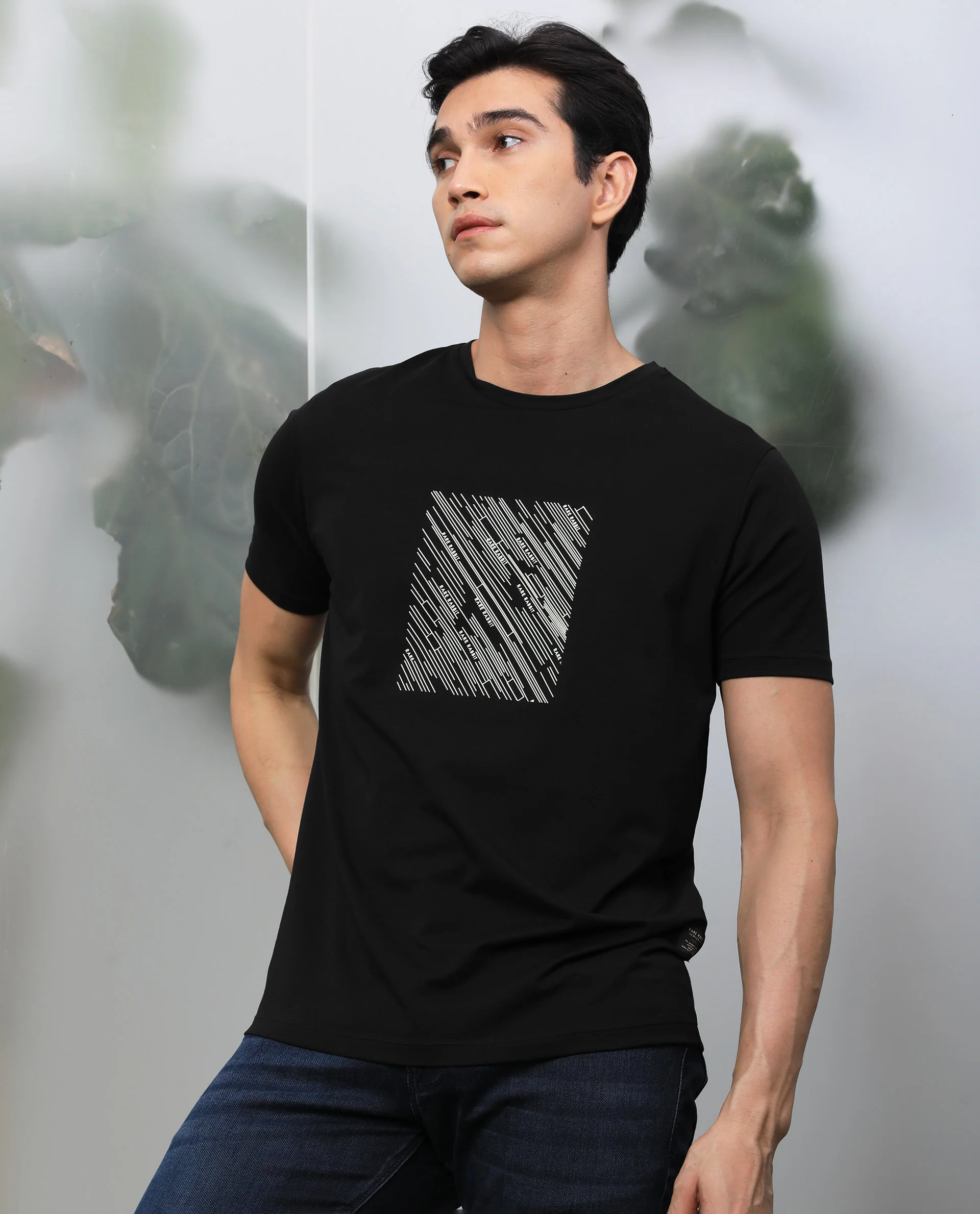 Rare Rabbit Men's Otter Black Cotton Graphic Print Slim Fit Half Sleeve Crew Neck T-Shirt - Image 8