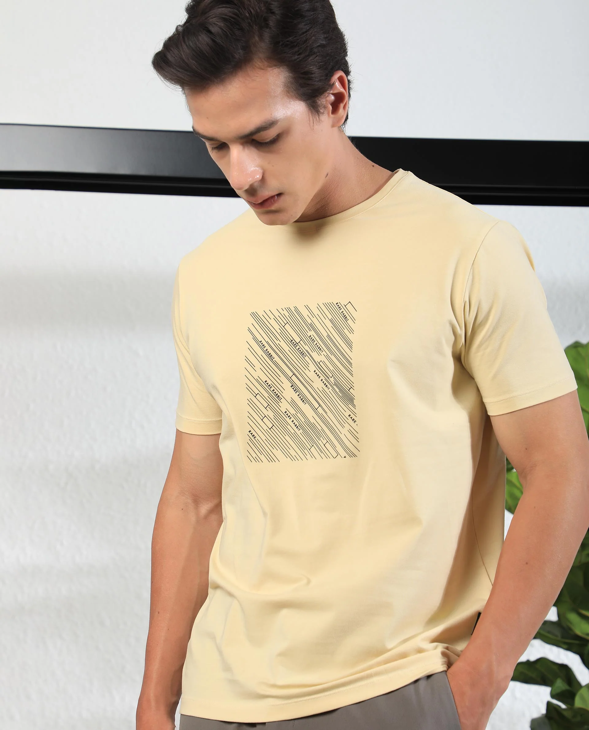 Rare Rabbit Men's Otter Yellow Cotton Graphic Print Slim Fit Half Sleeve Crew Neck T-Shirt - Image 2