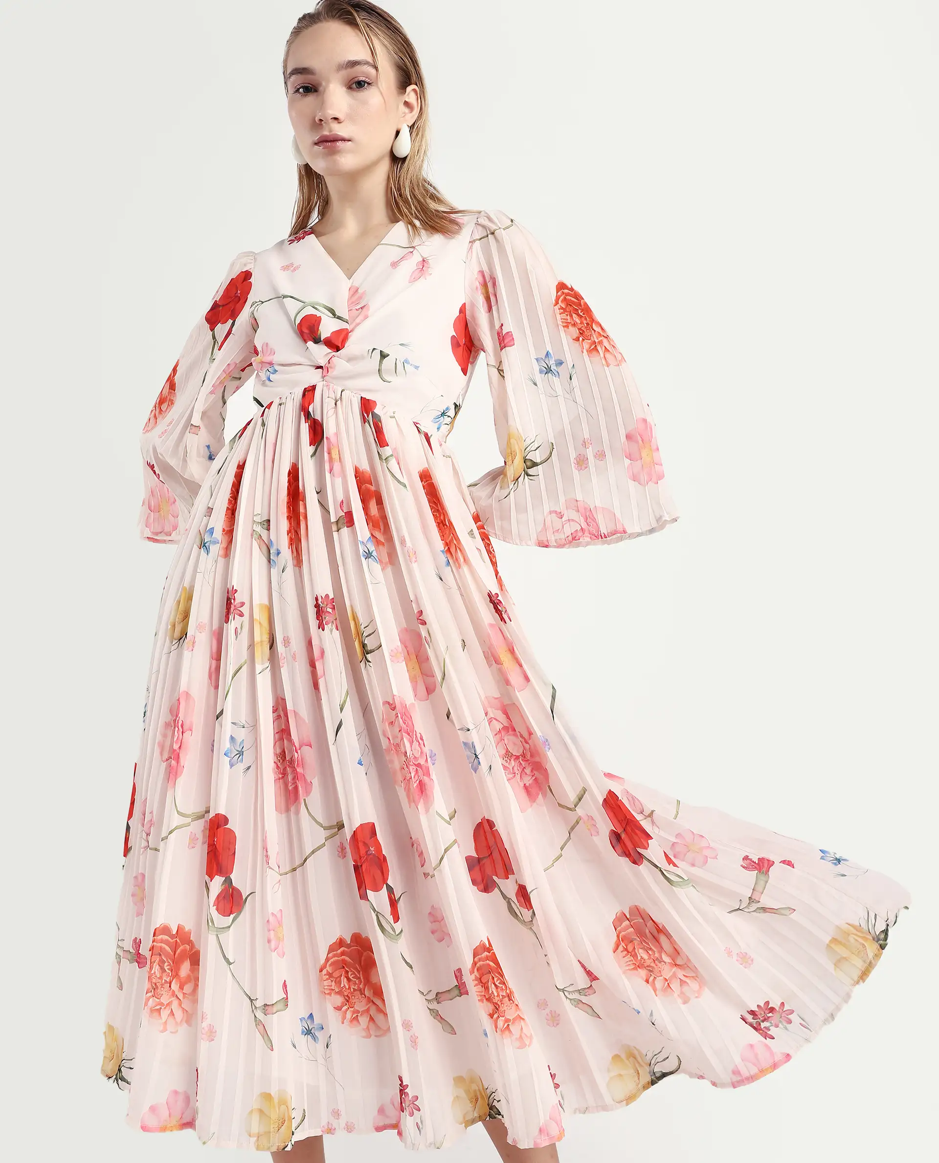Rareism Women's Otto White Polyester V-Neck Floral Print Bell Sleeve Midi Fit And Flare Dress - Image 2