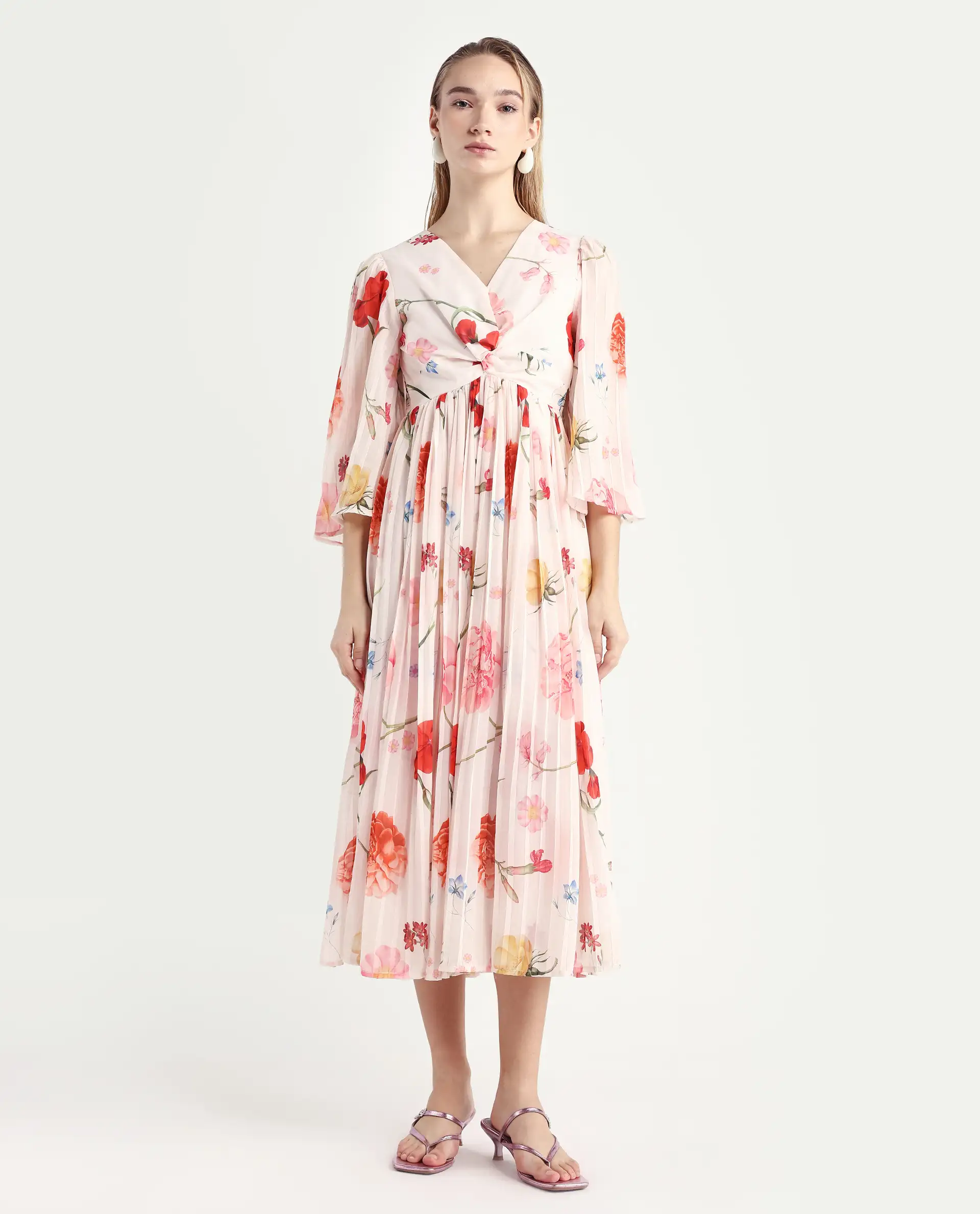 Rareism Women's Otto White Polyester V-Neck Floral Print Bell Sleeve Midi Fit And Flare Dress - Image 3