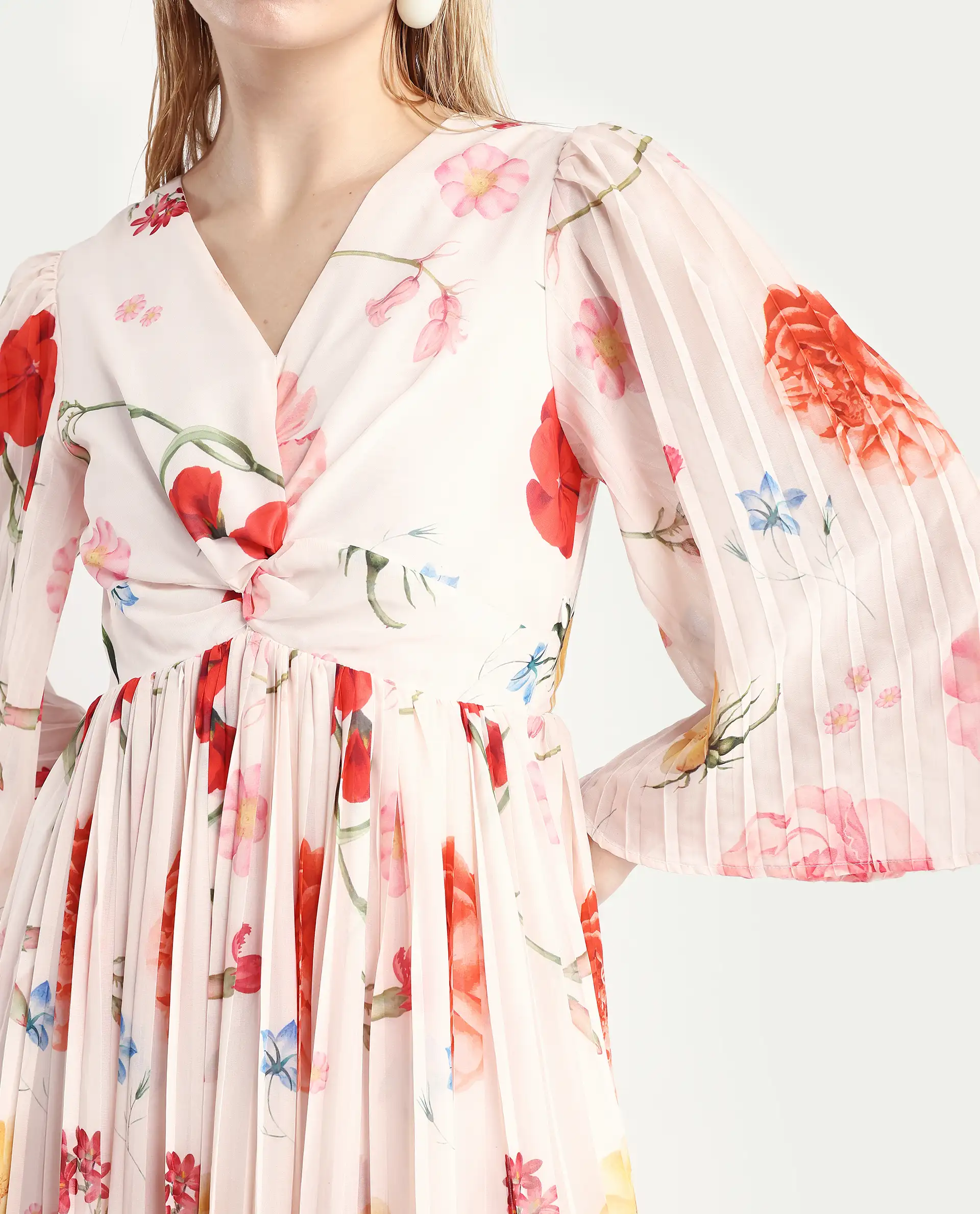 Rareism Women's Otto White Polyester V-Neck Floral Print Bell Sleeve Midi Fit And Flare Dress - Image 4