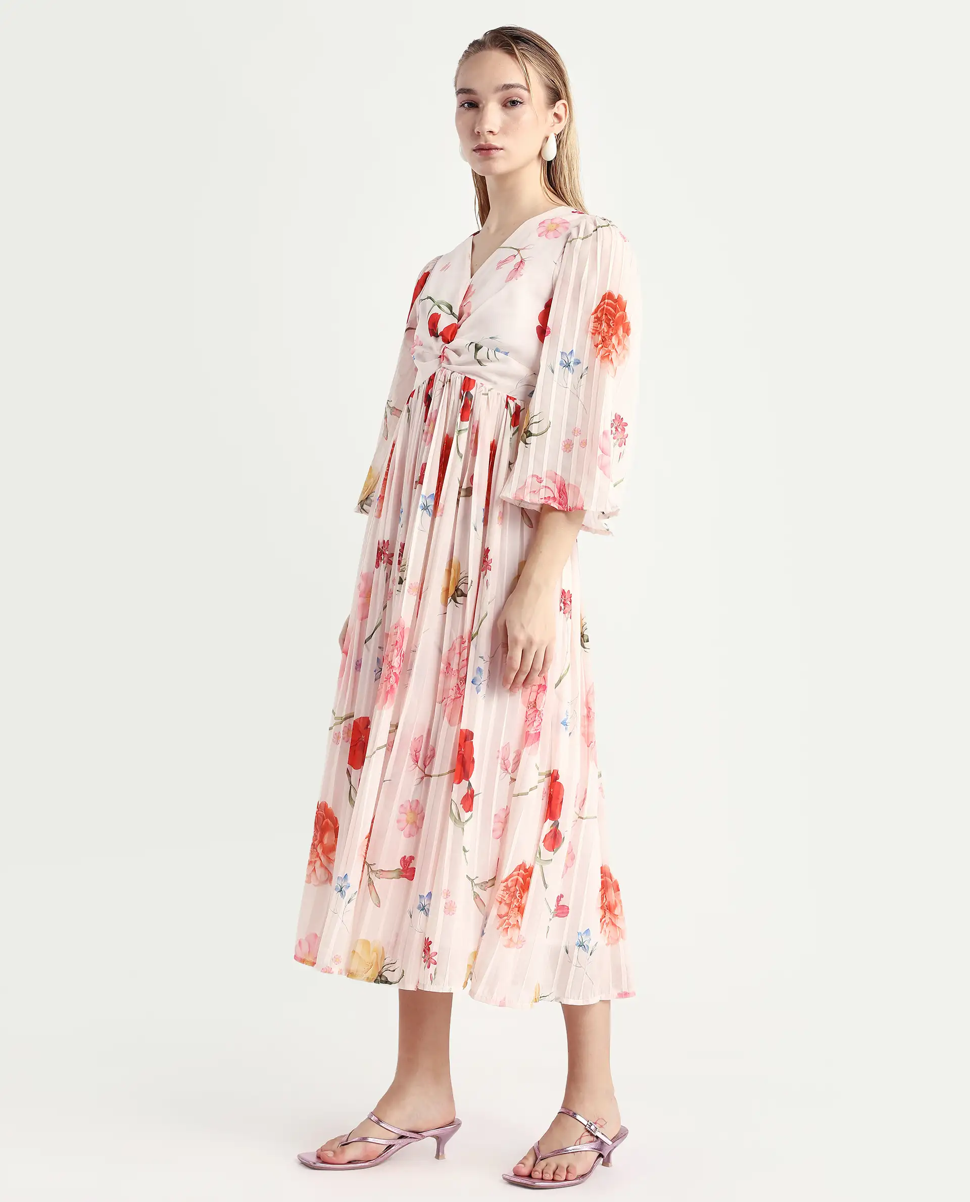 Rareism Women's Otto White Polyester V-Neck Floral Print Bell Sleeve Midi Fit And Flare Dress - Image 5