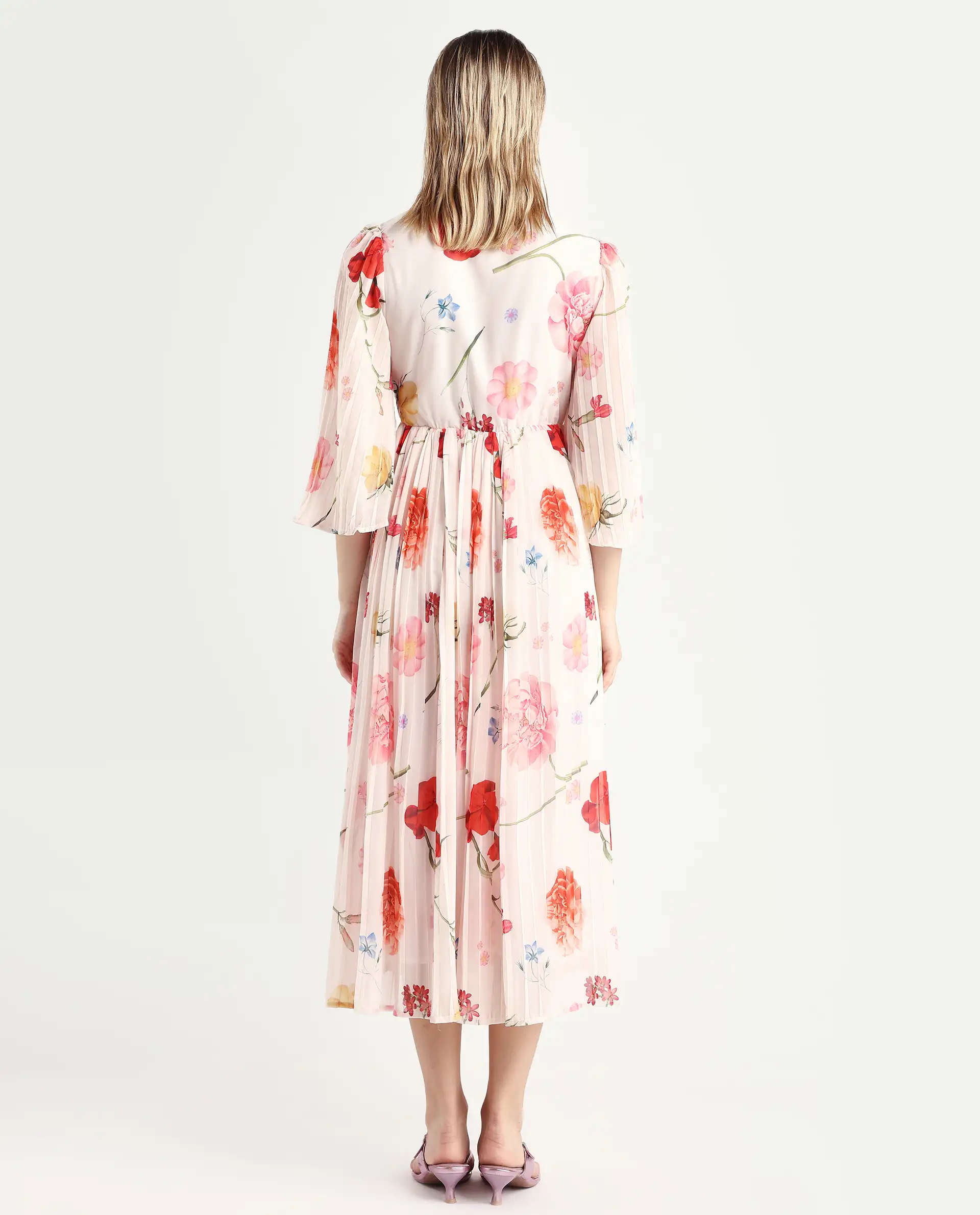 Rareism Women's Otto White Polyester V-Neck Floral Print Bell Sleeve Midi Fit And Flare Dress - Image 7