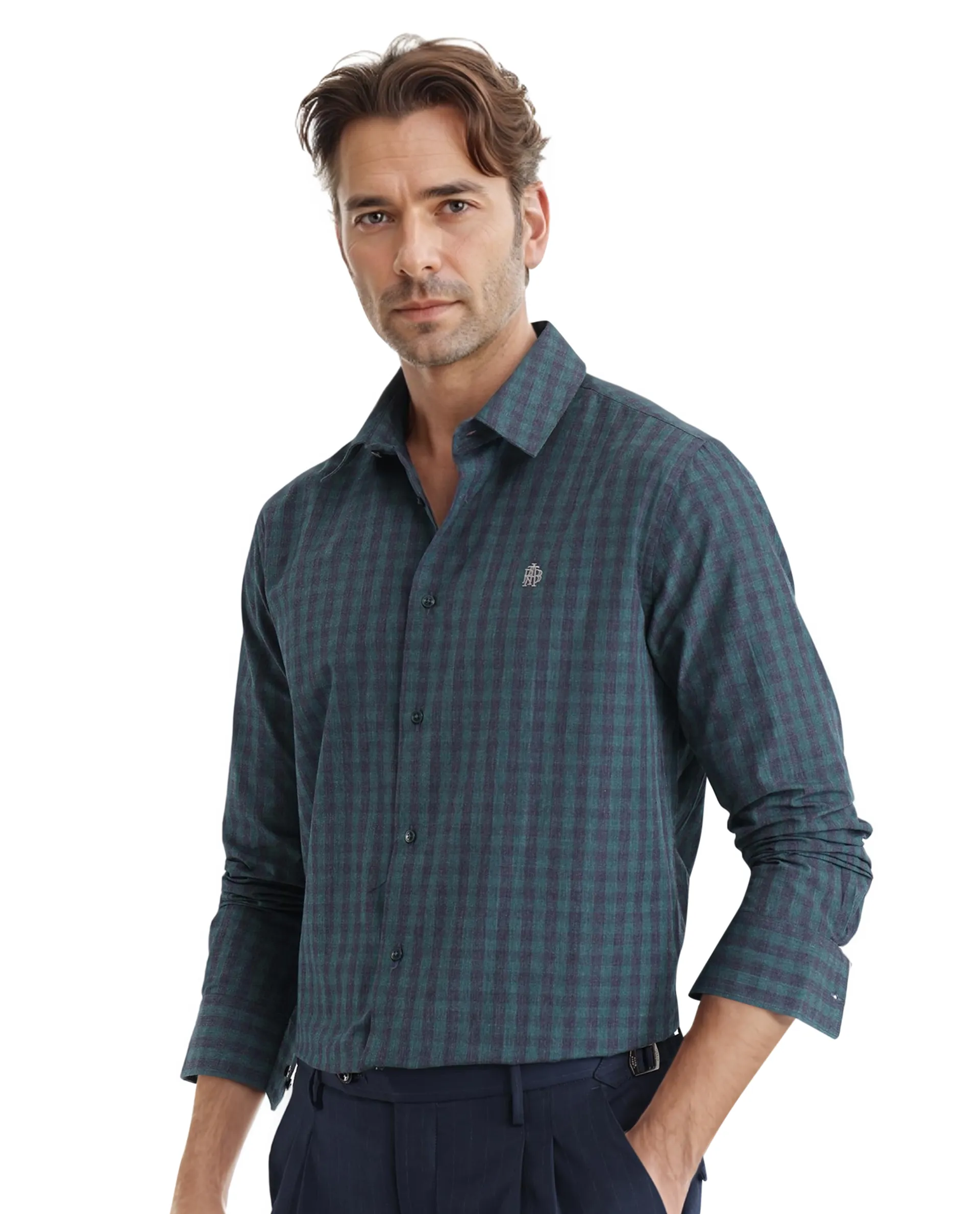 Rare Rabbit Men's Otts Dark Green Checked Print Regular Fit Full Sleeve Collared Shirt - Image 6