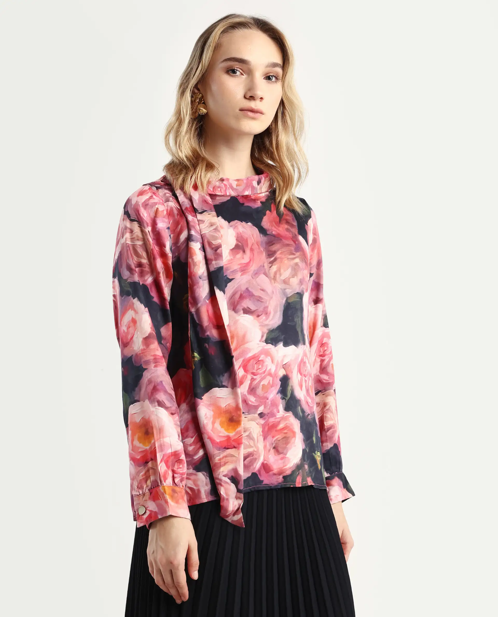 Rareism Women's Oudid Multi Cotton Blend Cowl Neck Floral Print Cuffed Sleeve Regular Fit Top - Image 3