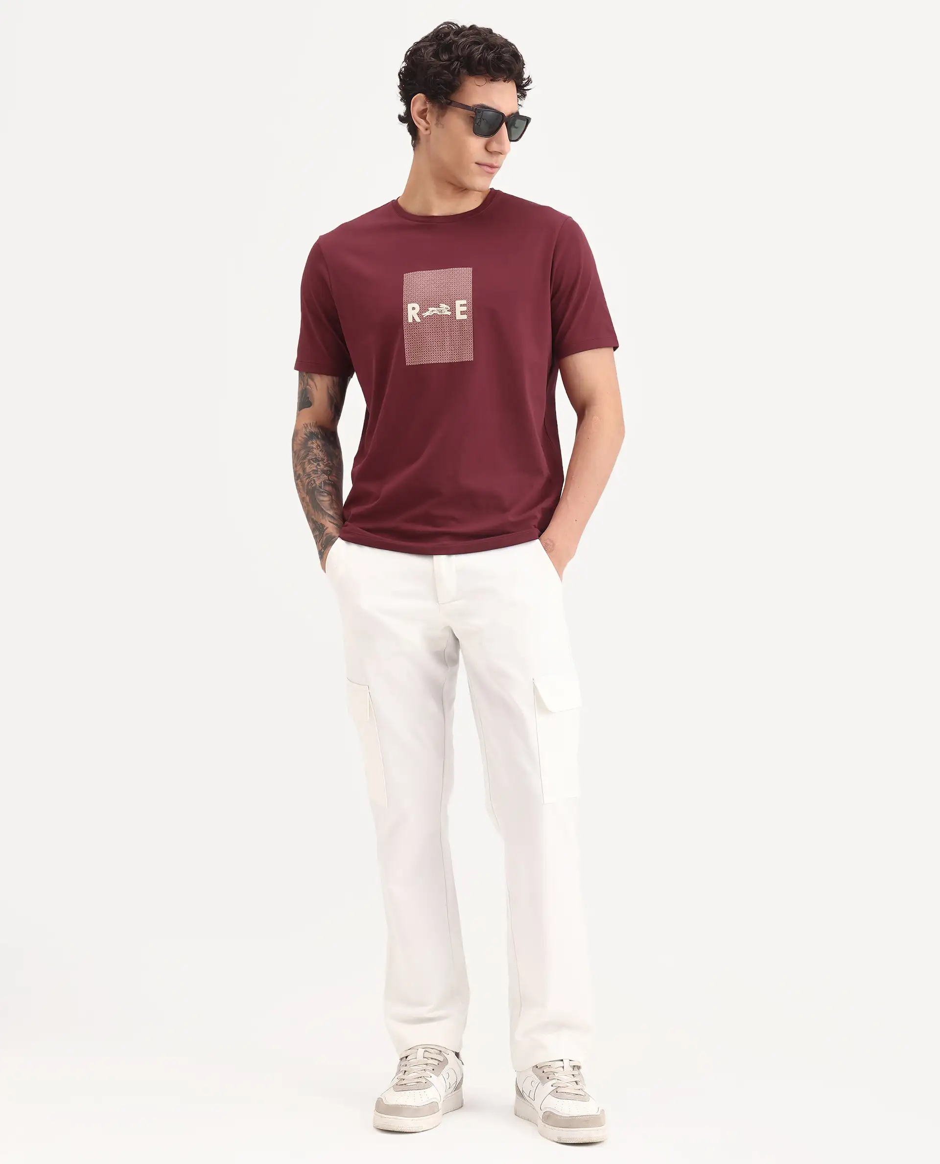 Rare Rabbit Men's Outi Dark Red Cotton Blend Fabric Half Sleeve Crew Neck Regular Fit Graphic Print T-Shirt - Image 2