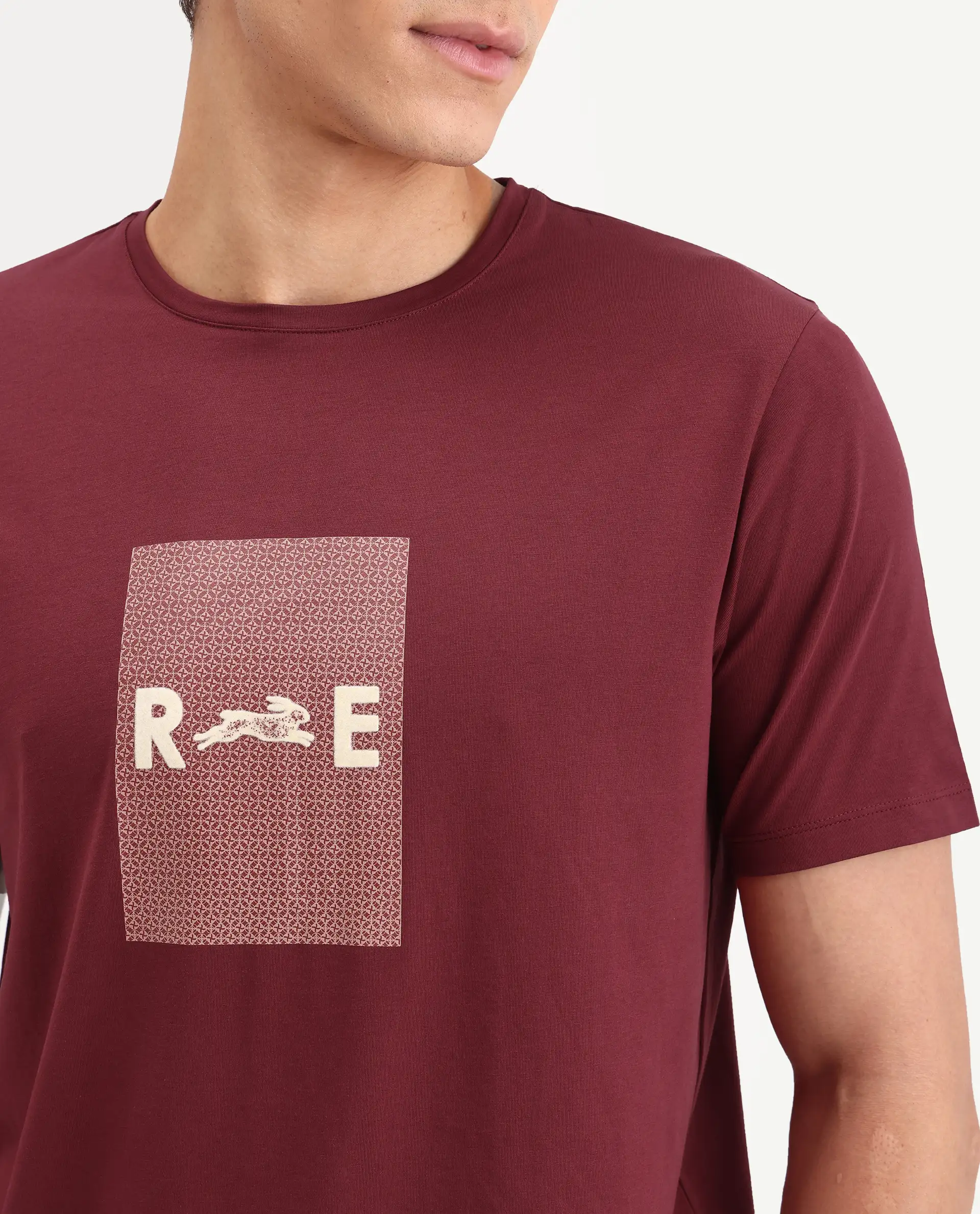 Rare Rabbit Men's Outi Dark Red Cotton Blend Fabric Half Sleeve Crew Neck Regular Fit Graphic Print T-Shirt - Image 3