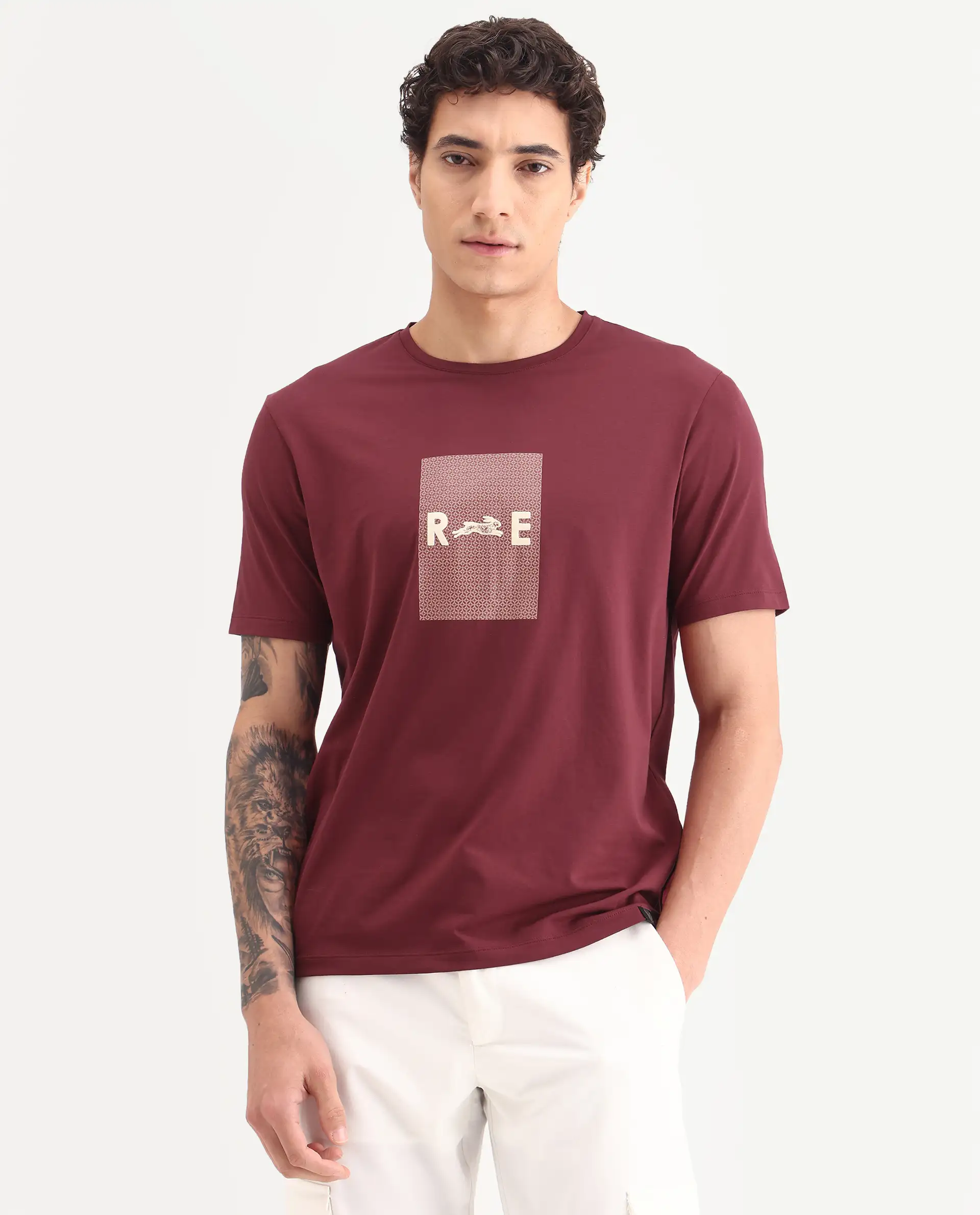 Rare Rabbit Men's Outi Dark Red Cotton Blend Fabric Half Sleeve Crew Neck Regular Fit Graphic Print T-Shirt - Image 4