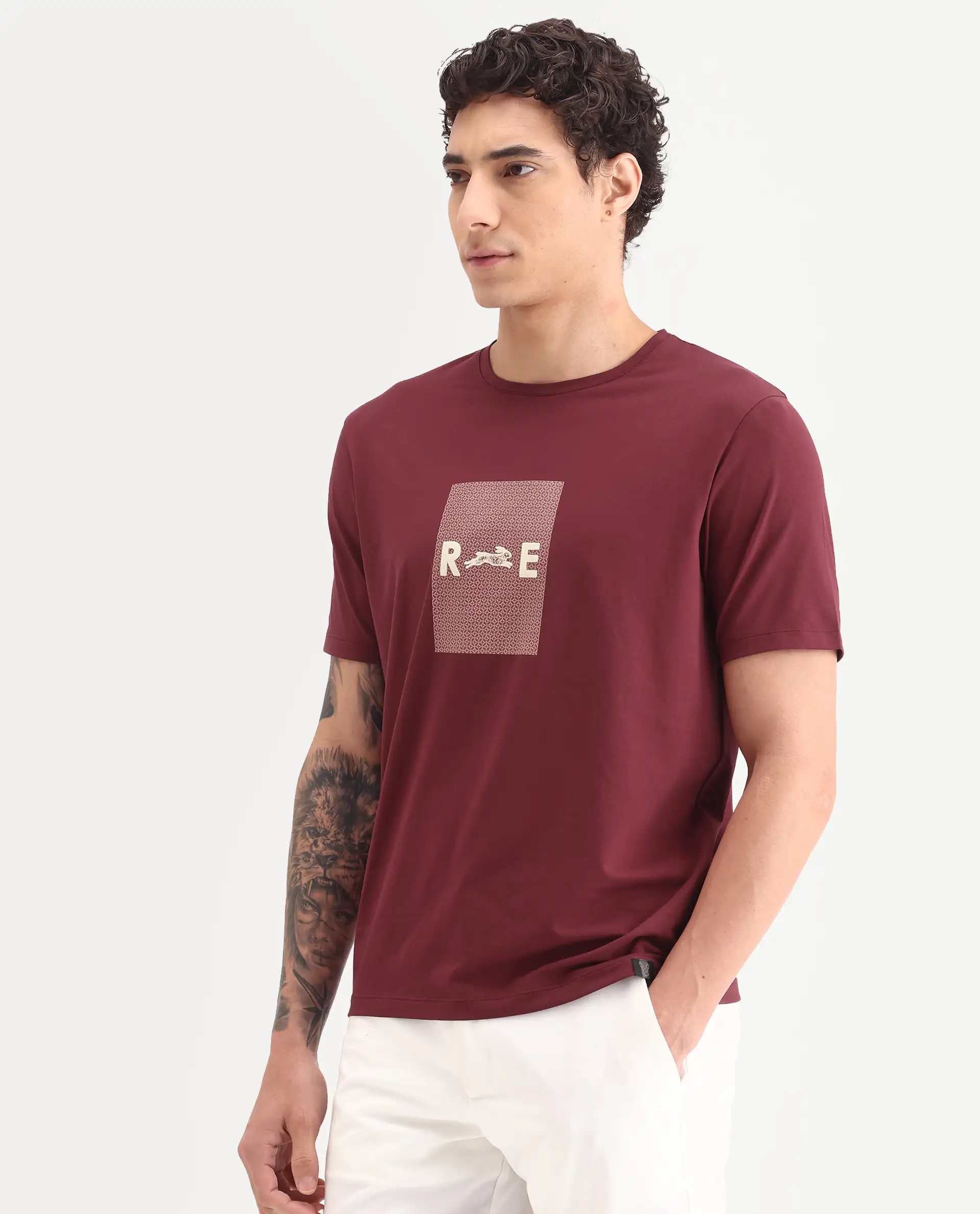 Rare Rabbit Men's Outi Dark Red Cotton Blend Fabric Half Sleeve Crew Neck Regular Fit Graphic Print T-Shirt - Image 5