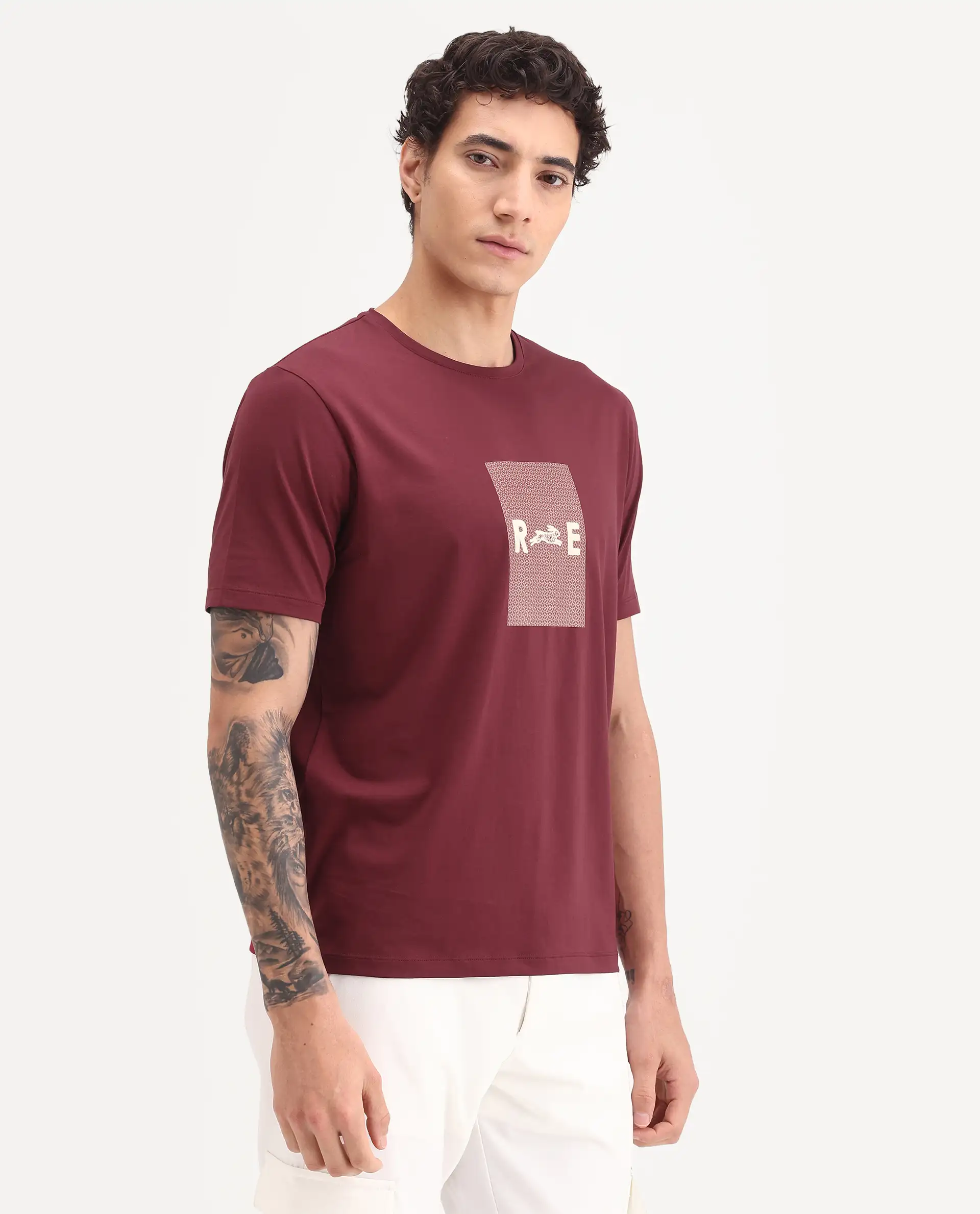 Rare Rabbit Men's Outi Dark Red Cotton Blend Fabric Half Sleeve Crew Neck Regular Fit Graphic Print T-Shirt - Image 6