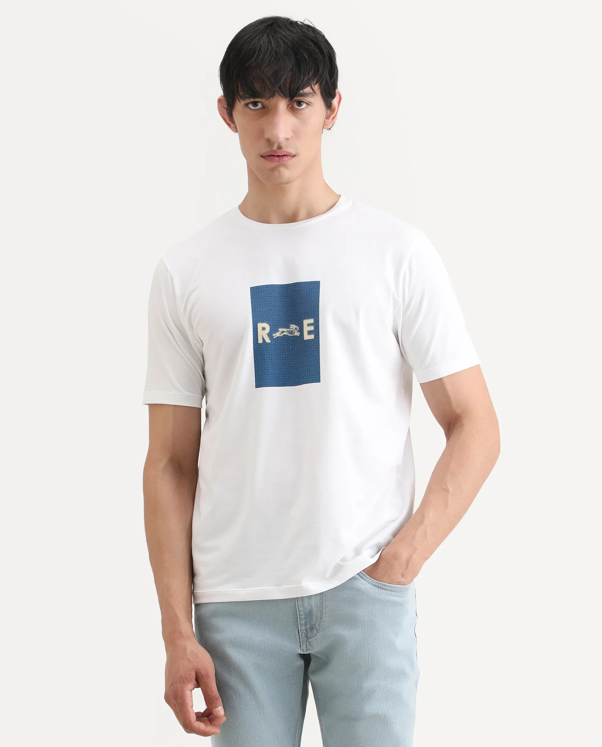 Rare Rabbit Men's Outi White Cotton Blend Fabric Half Sleeve Crew Neck Regular Fit Graphic Print T-Shirt - Image 4