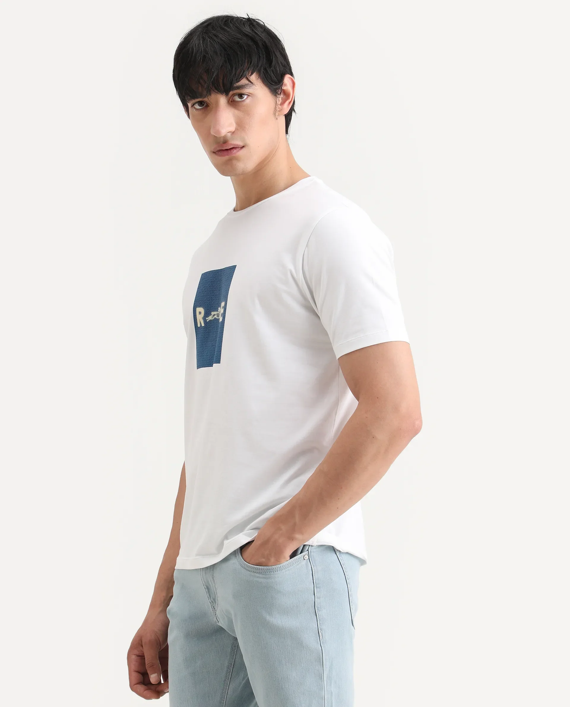 Rare Rabbit Men's Outi White Cotton Blend Fabric Half Sleeve Crew Neck Regular Fit Graphic Print T-Shirt - Image 5