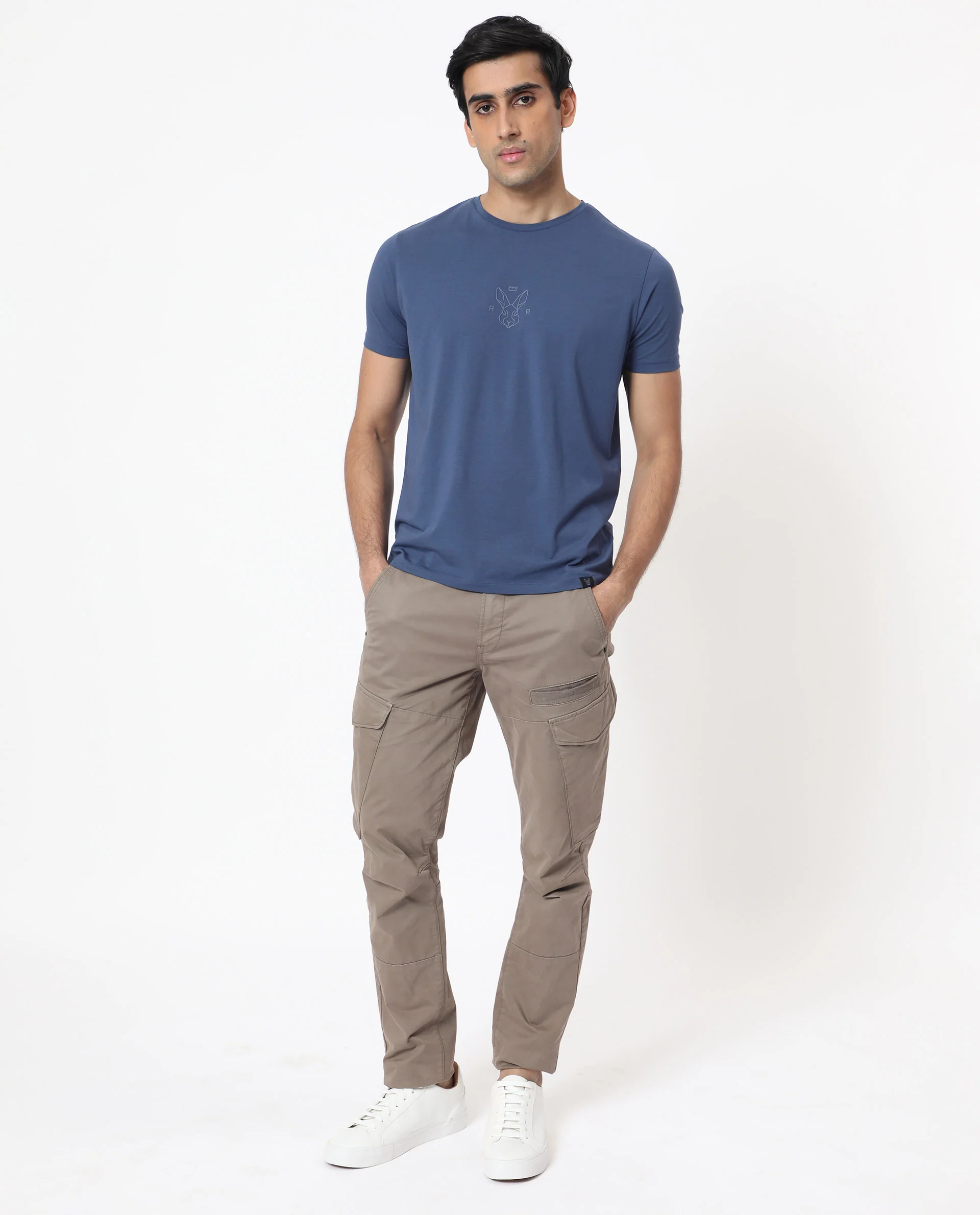 Rare Rabbit Men's Oval-1 Blue Cotton Plain Slim Fit Half Sleeve Crew Neck T-Shirt - Image 10
