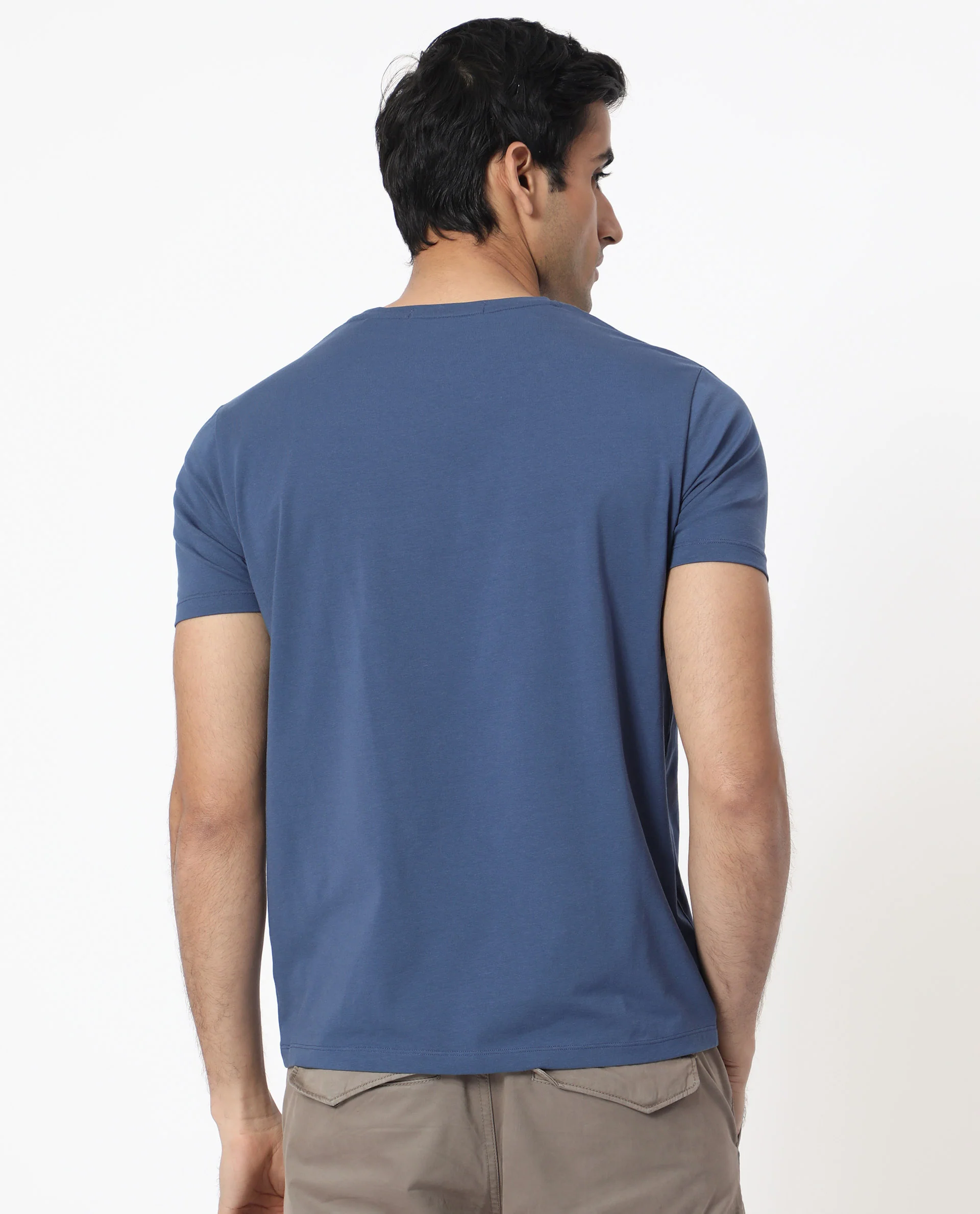 Rare Rabbit Men's Oval-1 Blue Cotton Plain Slim Fit Half Sleeve Crew Neck T-Shirt - Image 11