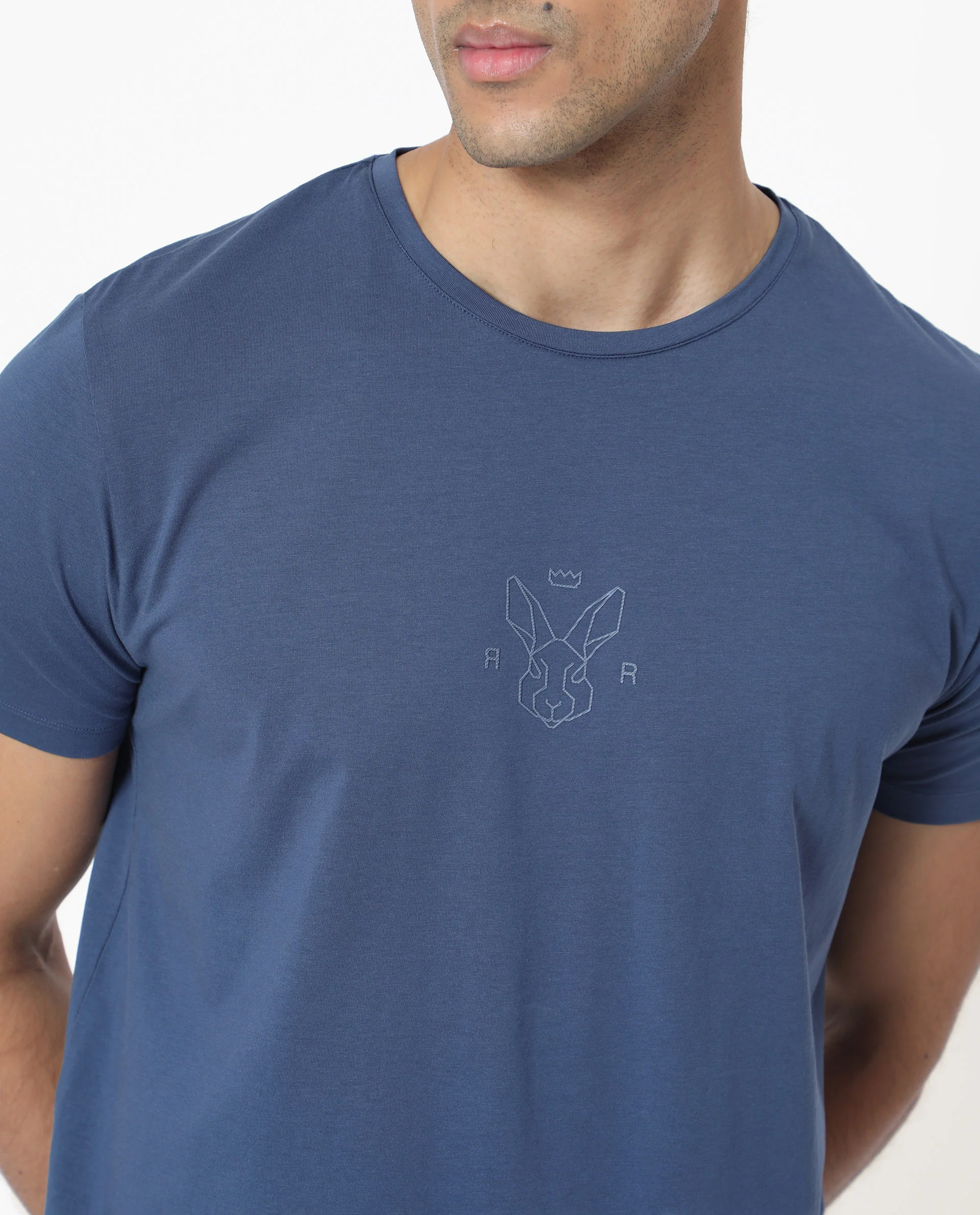 Rare Rabbit Men's Oval-1 Blue Cotton Plain Slim Fit Half Sleeve Crew Neck T-Shirt - Image 2