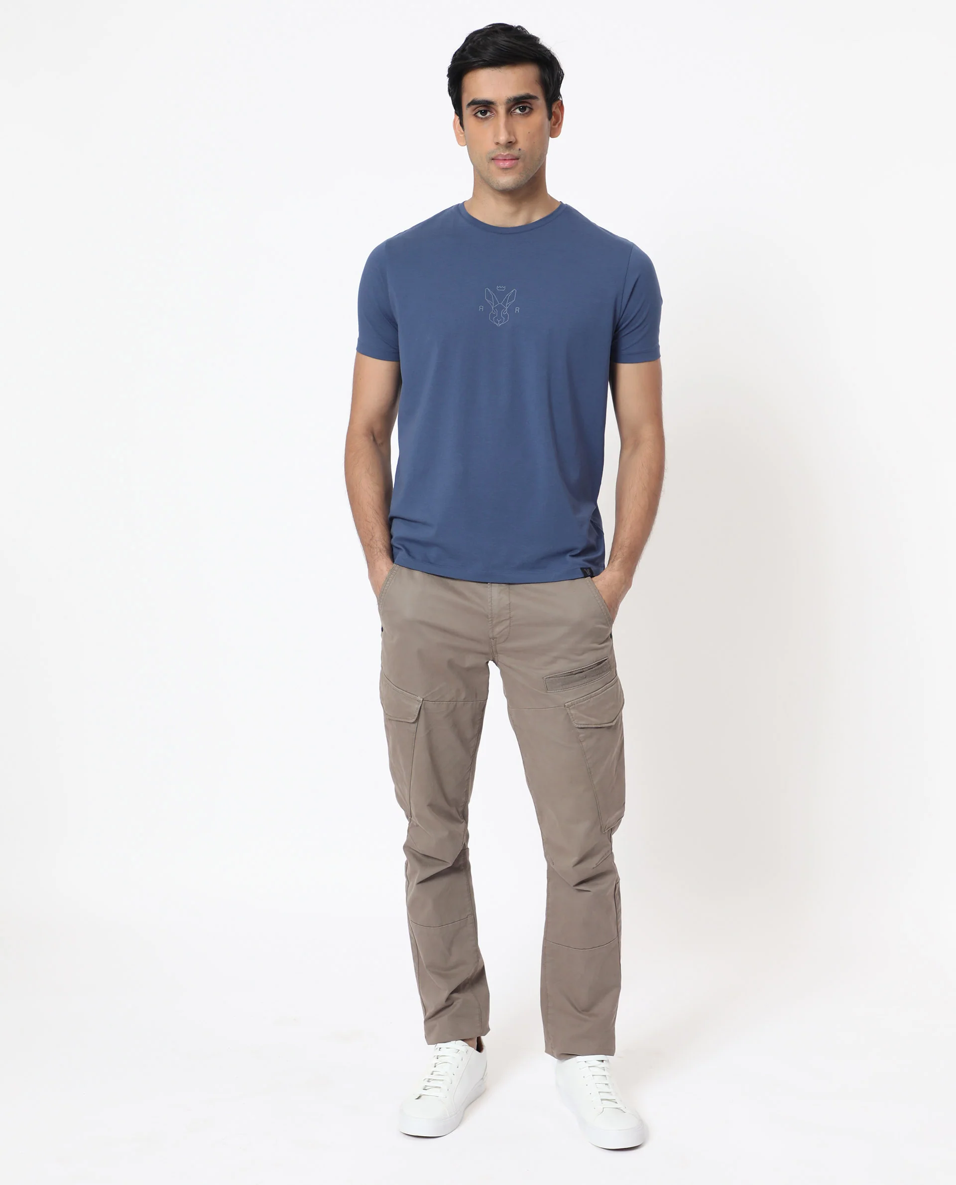 Rare Rabbit Men's Oval-1 Blue Cotton Plain Slim Fit Half Sleeve Crew Neck T-Shirt - Image 3