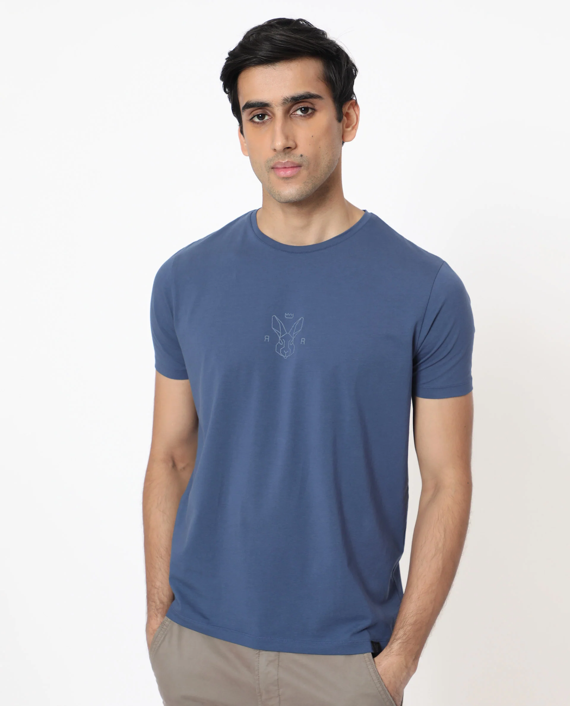 Rare Rabbit Men's Oval-1 Blue Cotton Plain Slim Fit Half Sleeve Crew Neck T-Shirt - Image 4