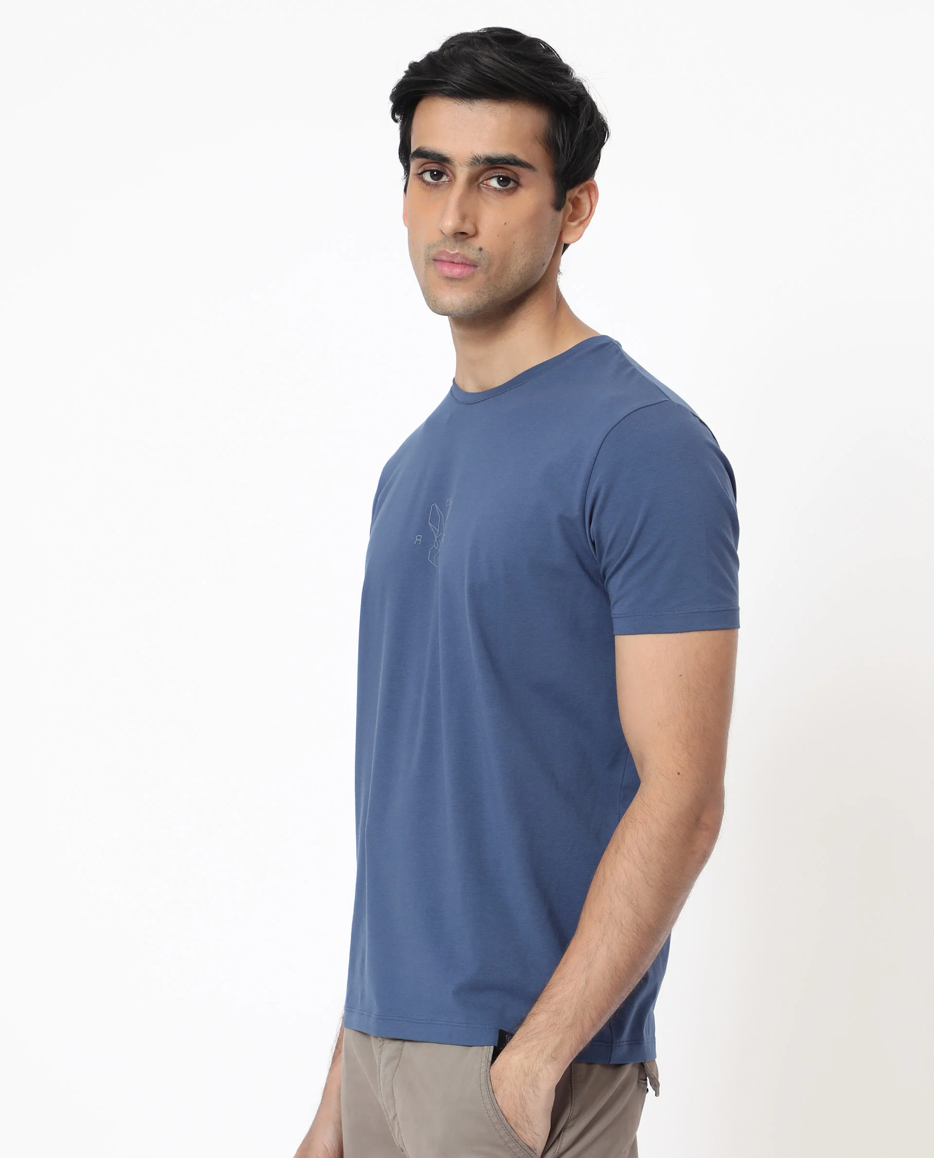 Rare Rabbit Men's Oval-1 Blue Cotton Plain Slim Fit Half Sleeve Crew Neck T-Shirt - Image 5