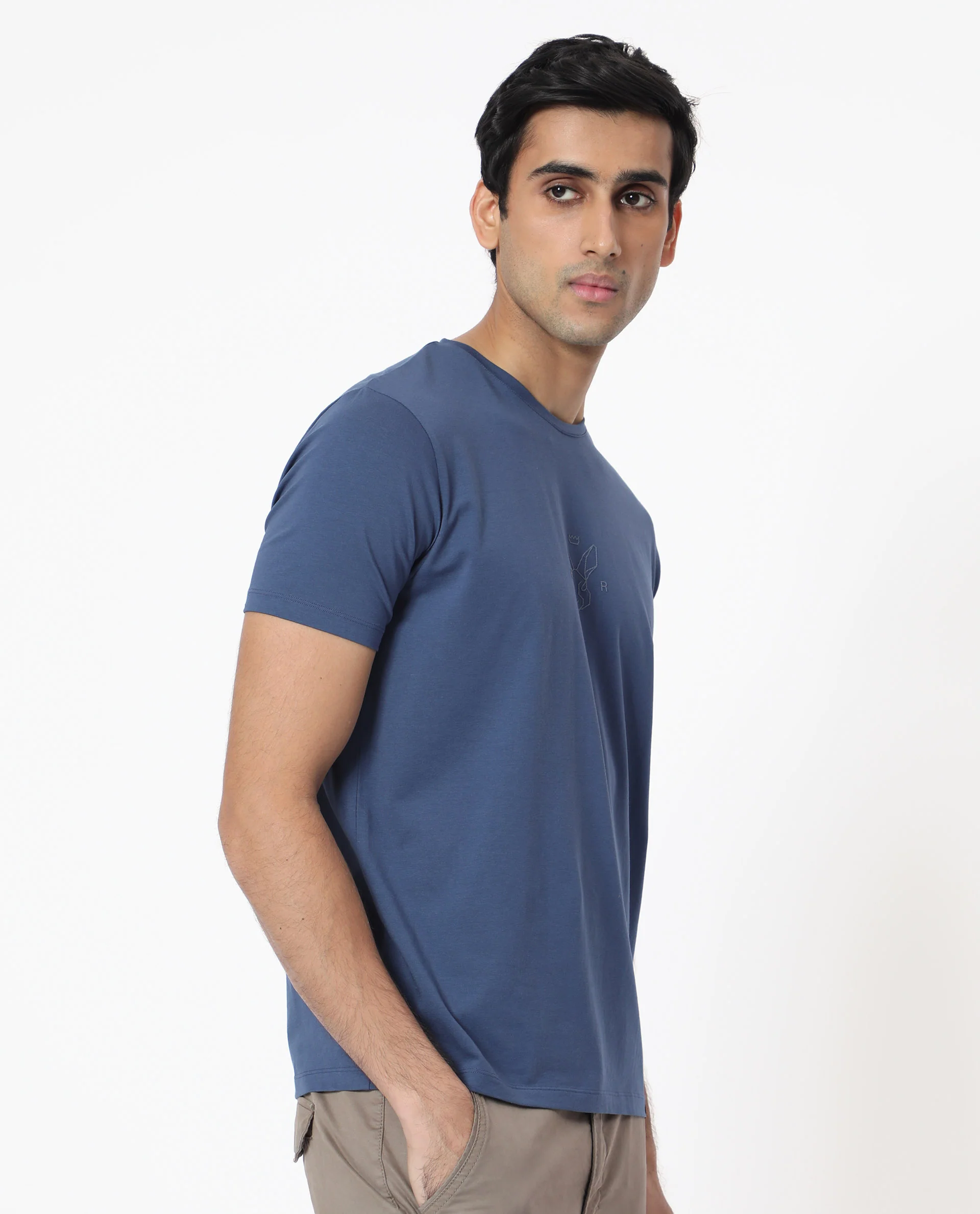 Rare Rabbit Men's Oval-1 Blue Cotton Plain Slim Fit Half Sleeve Crew Neck T-Shirt - Image 6