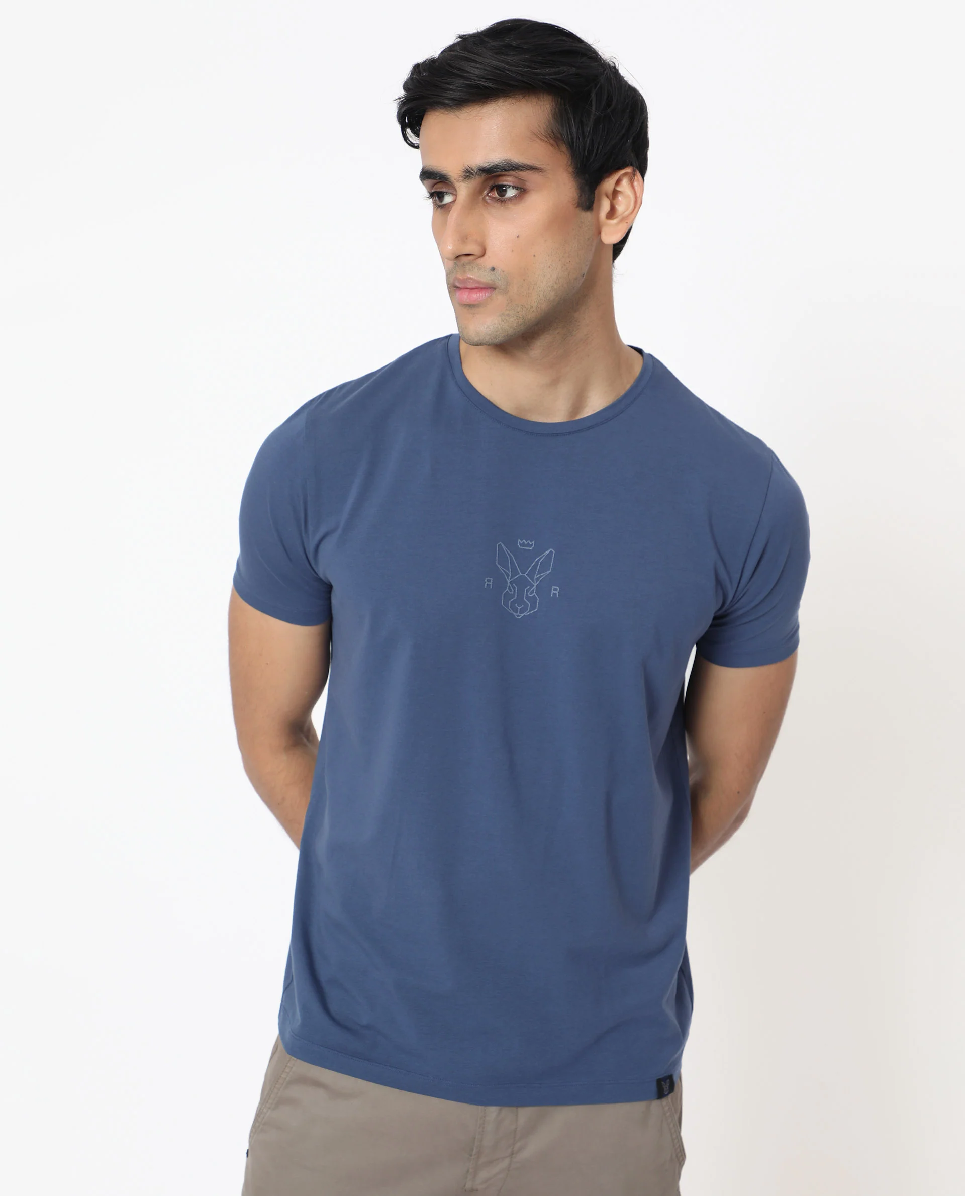 Rare Rabbit Men's Oval-1 Blue Cotton Plain Slim Fit Half Sleeve Crew Neck T-Shirt - Image 9